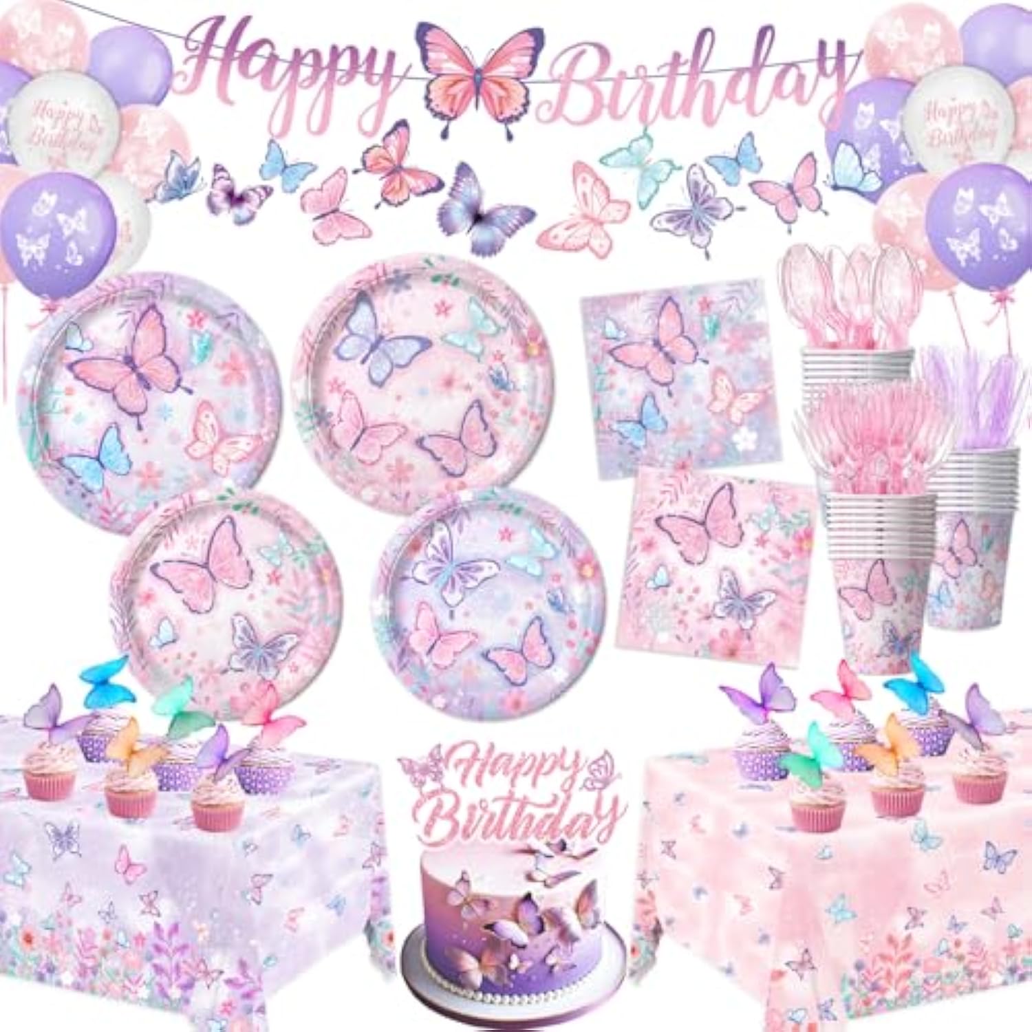 Butterfly Birthday Decorations, Girls Birthday Supplies - Plates, Napkins, Cups, Cutlery, Cake & Cupcake Toppers, Banner, Hanging Swirls, Tablecloth, Balloons For Butterfly Party Decorations, Serve 20