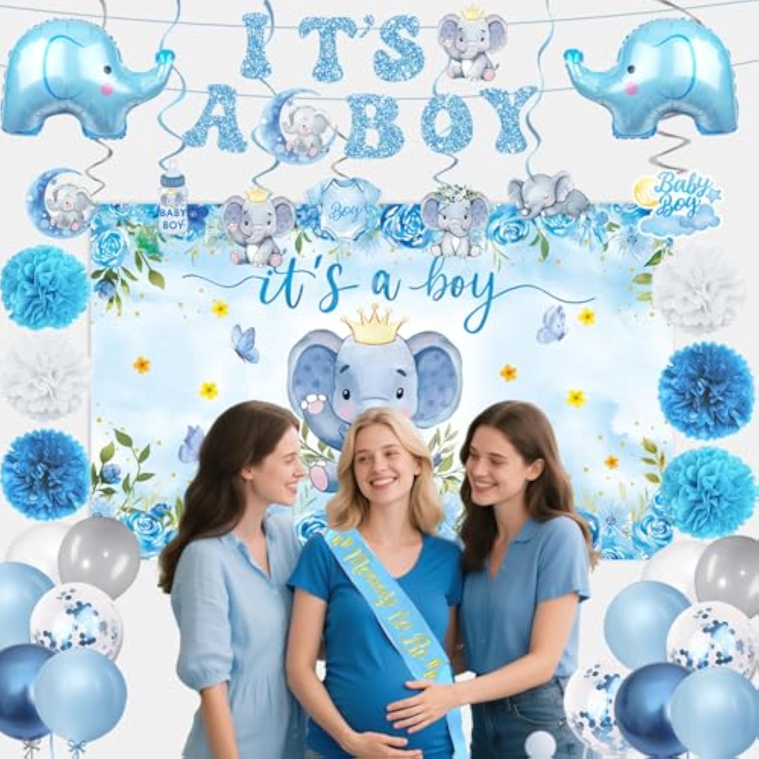 Elephant Baby Shower Decorations Banner, It'S A Boy Backdrop, Foil & Latex Balloons, Mommy To Be Sash, Cake & Cupcake Toppers, Honeycomb Centerpieces, Hanging Swirls For Boy Baby Shower Decorations