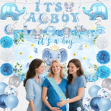 Elephant Baby Shower Decorations Banner, It'S A Boy Backdrop, Foil & Latex Balloons, Mommy To Be Sash, Cake & Cupcake Toppers, Honeycomb Centerpieces, Hanging Swirls For Boy Baby Shower Decorations