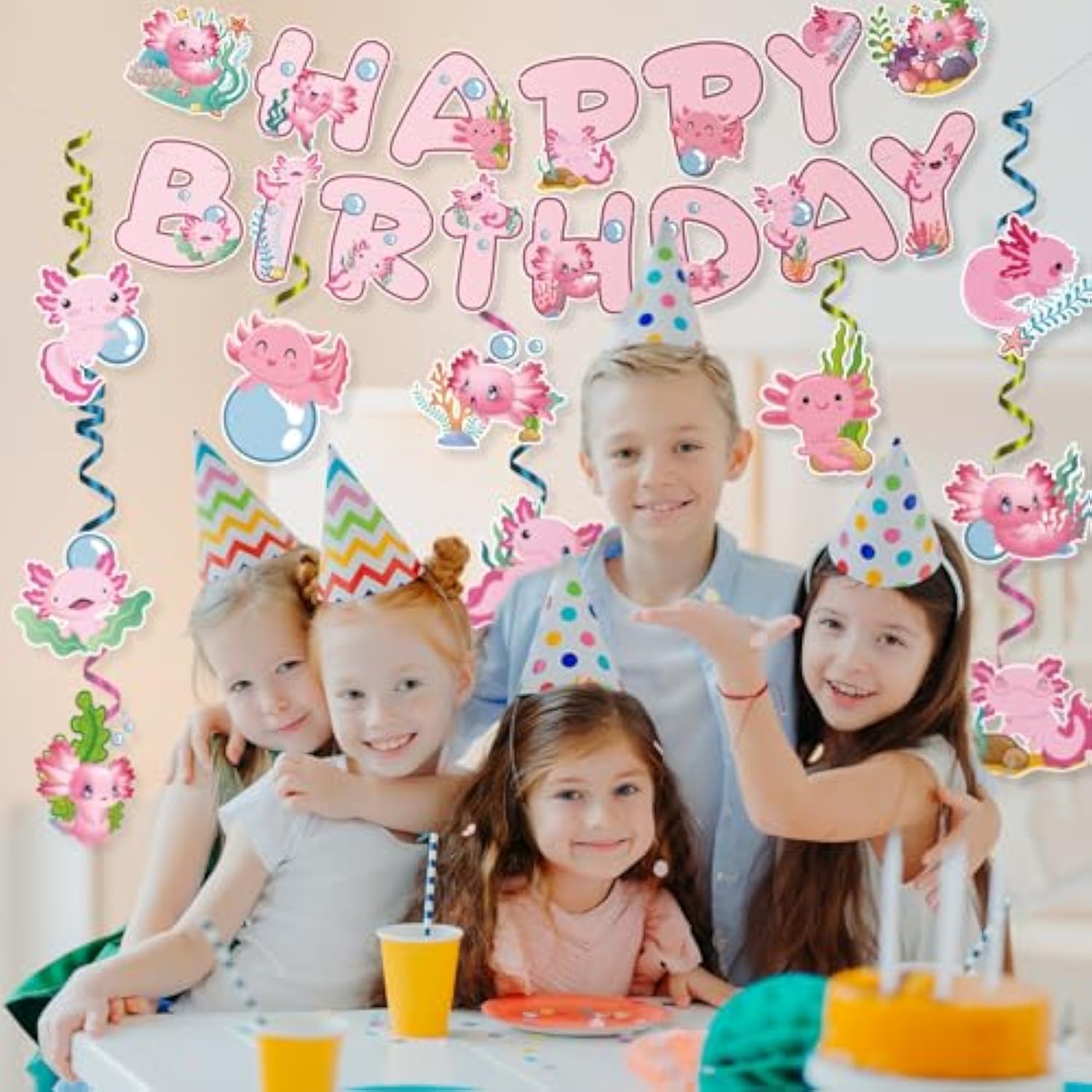 Axolotl Happy Birthday Banner - 12Pc Pink Birthday Decor Backdrop Sign Party Supplies Set Cute Animals Photo Background Supplies Hanging Swirls Decorations Girls Boys Women Men Children Kids