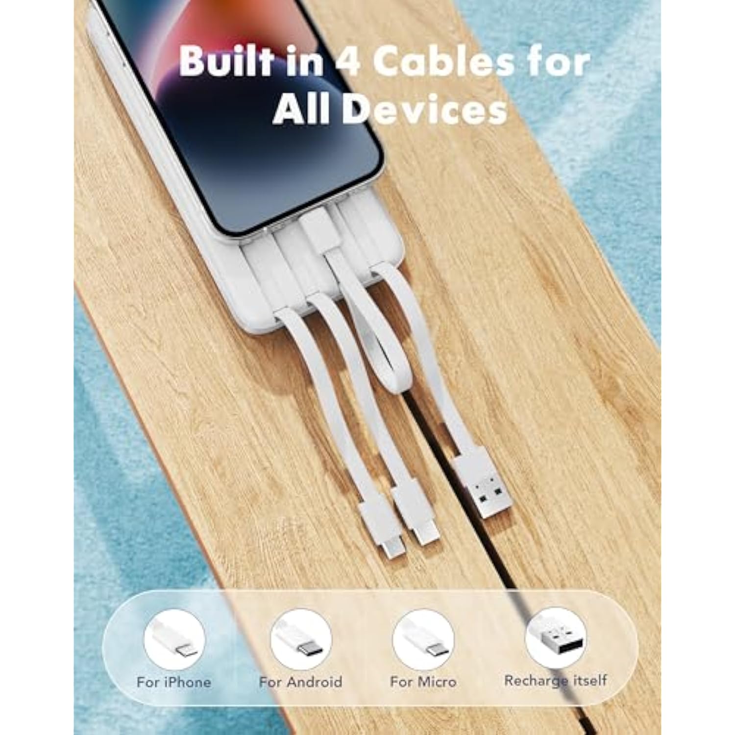 Portable Charger with Built-In Cables, 10000mAh Slim Power Bank, 6 Outputs, 3 Inputs