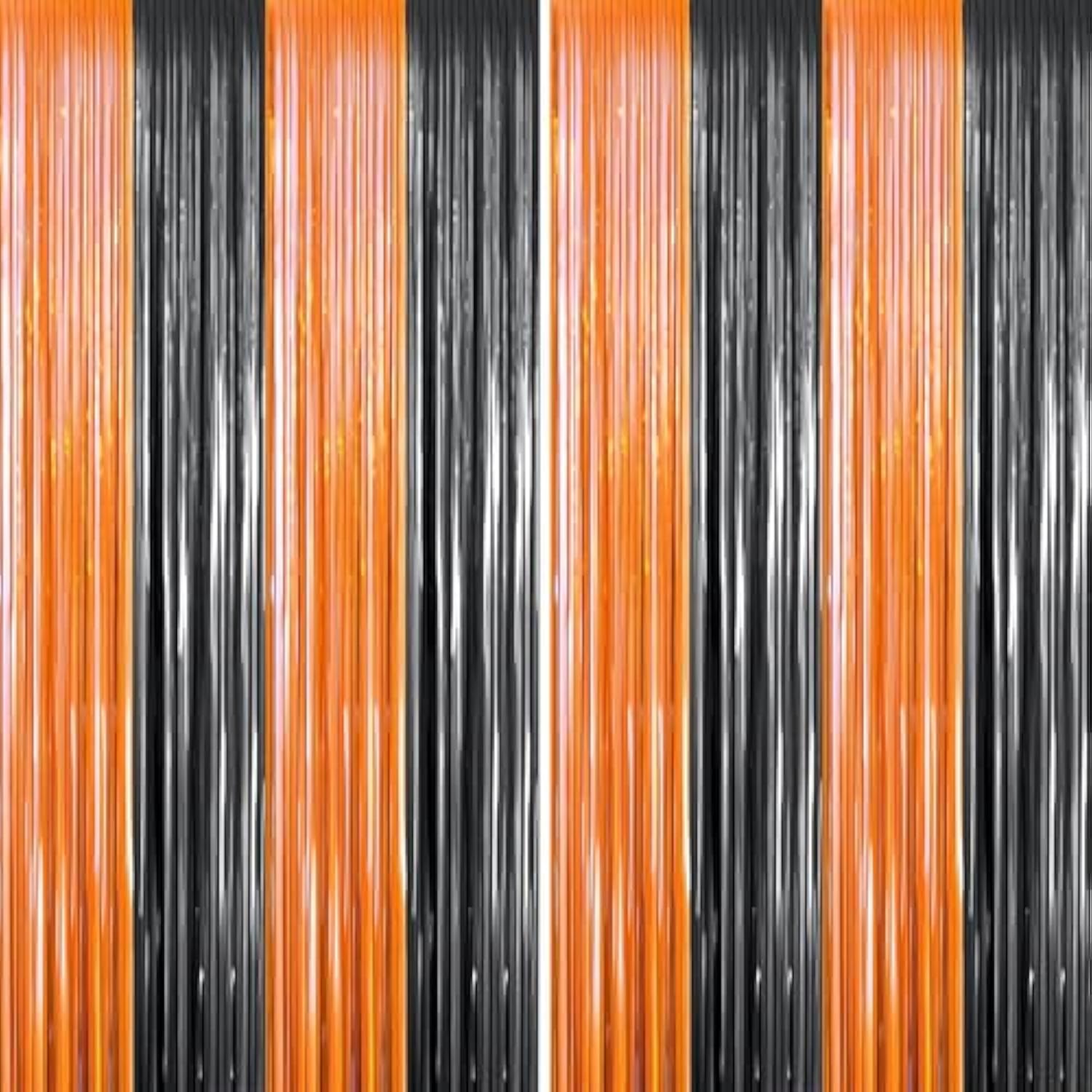 2pcs Orange Black Foil Fringe Curtains 3x8ft Backdrop for Halloween Party Decor