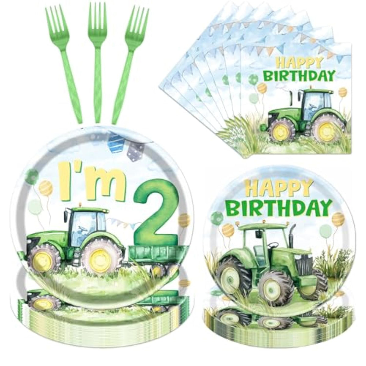 Tractor 2Nd Birthday Decorations Supplies, 96Pcs Tractor Party Plates Napkins And Forks Set, Disposable Farm Two Years Old Birthday Tableware For Boys Serves 24