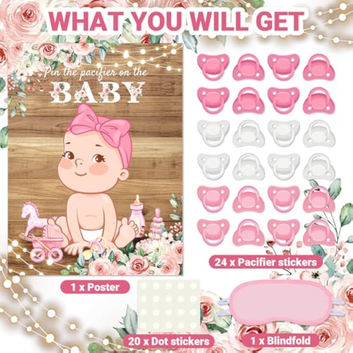 Pin The Pacifier Baby Shower Game Baby Shower Party Decorations Include Large Poster 24 Pacifier Stickers Blindfold Game Set For Birthday Party Decor Supplies(Country Girl)