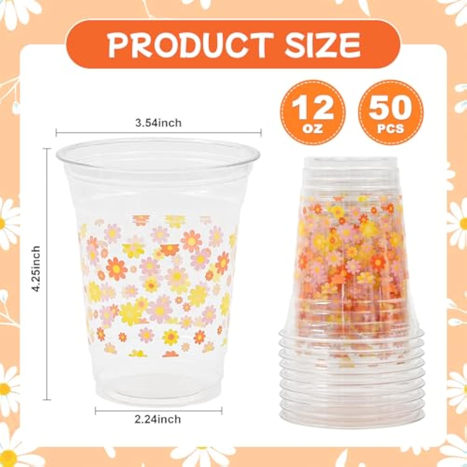 Daisy Groovy Plastic Cups Pink Orange Flower Party Cups Retro Boho Hippie Disposable Cups 60S 70S 12 Oz Cold Drinking Cup For Groovy Party Supplies (50, Colorful Daisy)