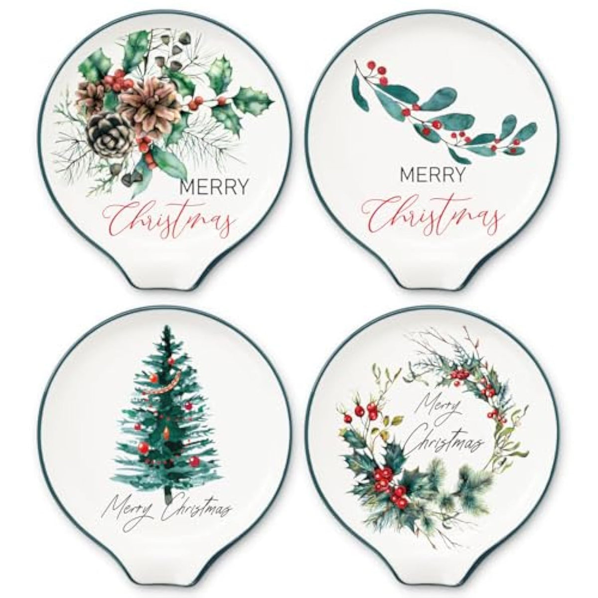 4Pcs 4.7Inch Merry Christmas Spoon Rest Watercolor Xmas Tree Plant Small Coffee Spoon Holder For Winter Xmas Coffee Stirrers Teaspoon Bar Coffee Station Accessories