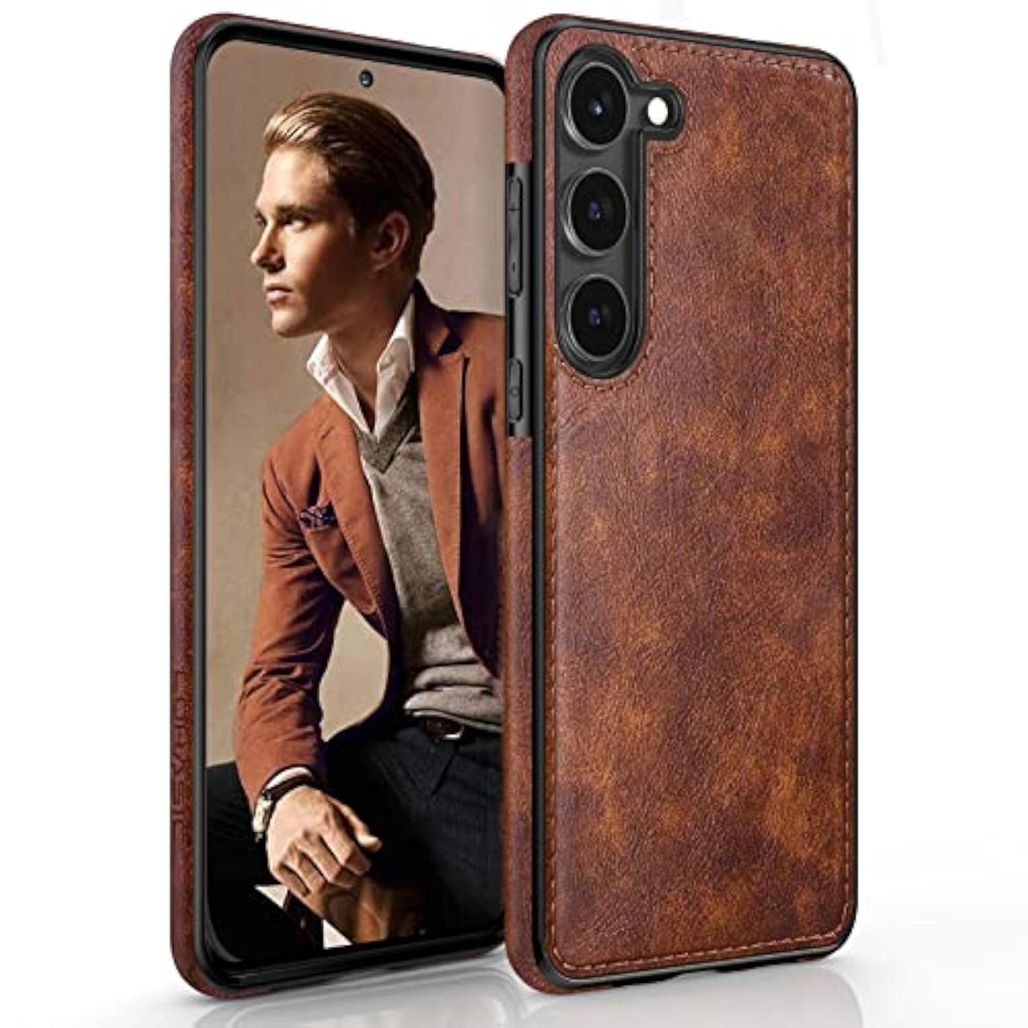 For Galaxy S23 Case 5G, Premium Leather Luxury Pu Non-Slip Grip Rugged Bumper Shockproof Full Body Protective Cover Men Women Phone Cases For Samsung Galaxy S23 (2023) 6.1 Inch - Brown