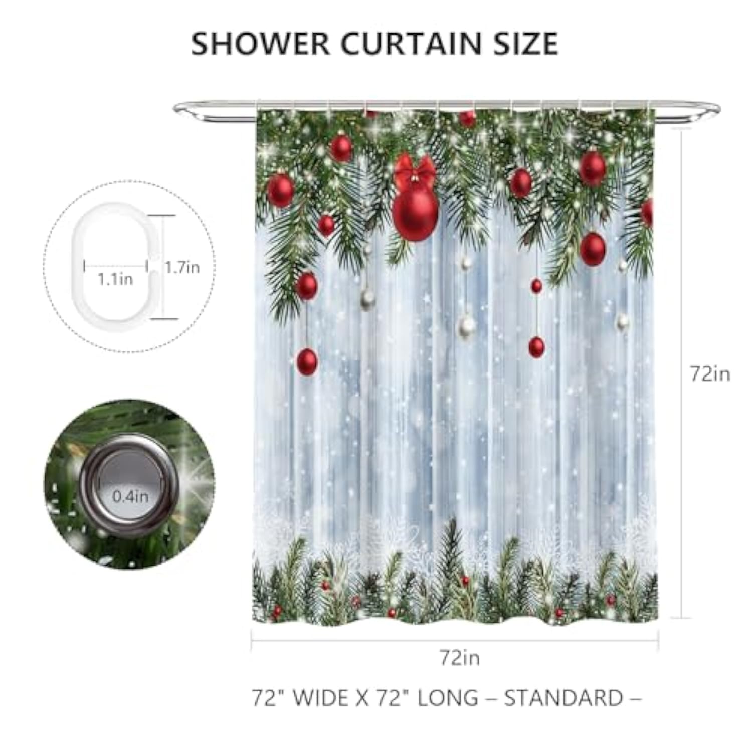 Christmas Shower Curtain,Winter Christmas Pine Farmhouse Rustic Wood Merry Xmas Shower Curtain,Pine Tree Xmas Ball Snowflake Holiday Bathroom Decor Curtains With 12 Hooks,72X72 In