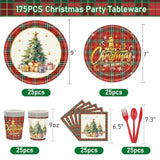 175Pcs Christmas Party Supplies Disposable Tableware Christmas Paper Plates And Napkins Sets Cups Cutlery For Merry Christmas Xmas Holiday Party Decorations, Serves 25