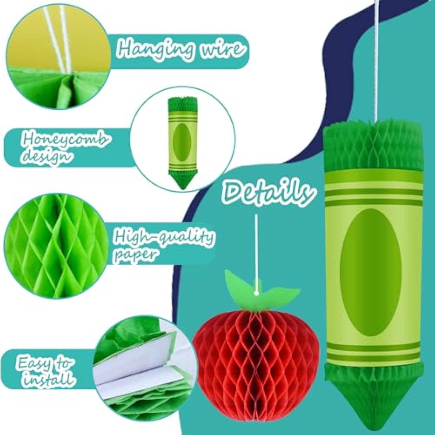 12Pcs Welcome Back To School Hanging Decorations 6 Crayon Hanging Honeycomb Back To School Classroom Decorations 6 Apple Honeycomb Tissue Paper Centerpieces Ceiling Decor For First Day Of School Party