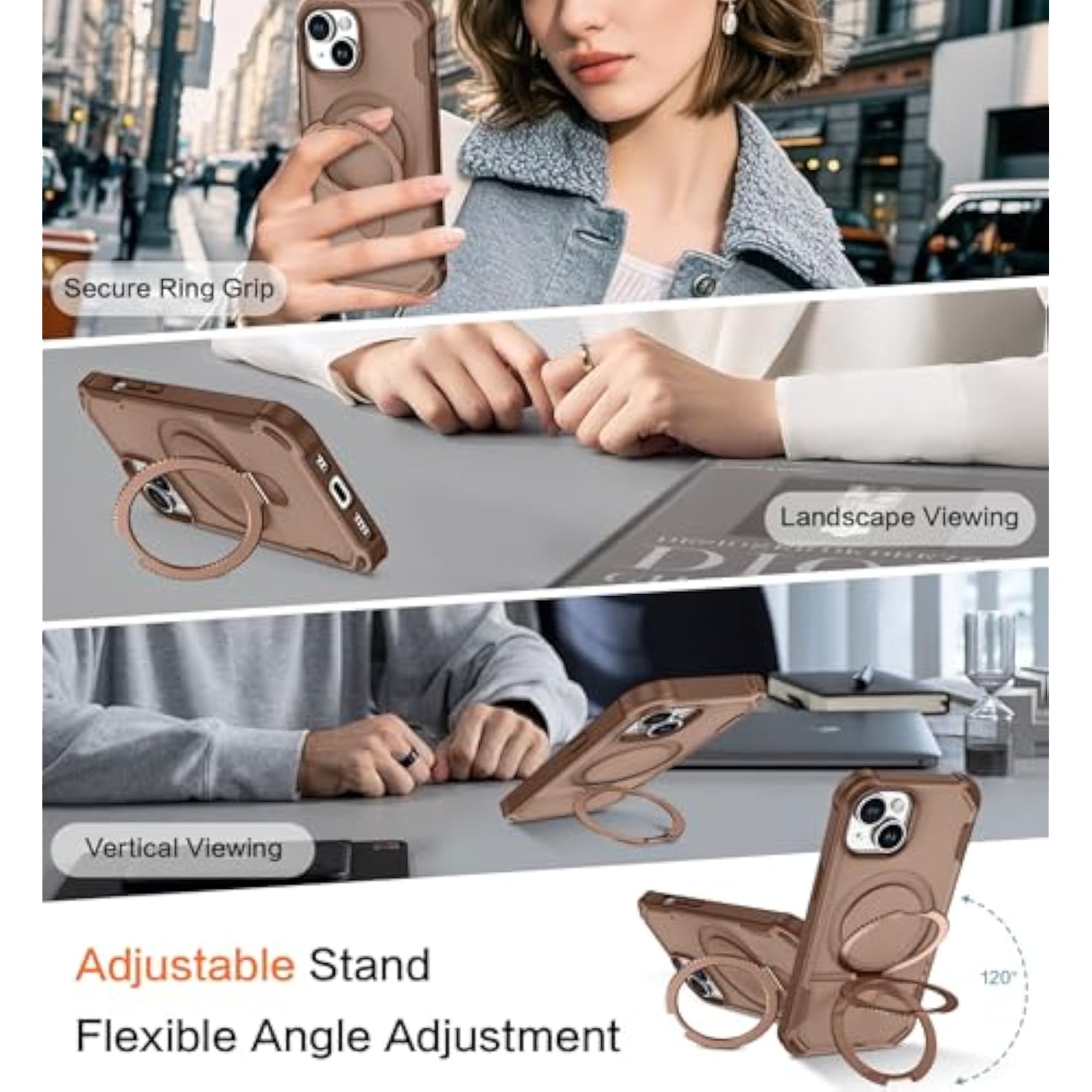For Iphone 15 Case With Magnetic O-Ring Stand Holder [Military Drop Protection] [Compatible With Magsafe] Non-Slip Grip Shockproof Protective Women Men Phone Case For Iphone 15 6.1'', Brown