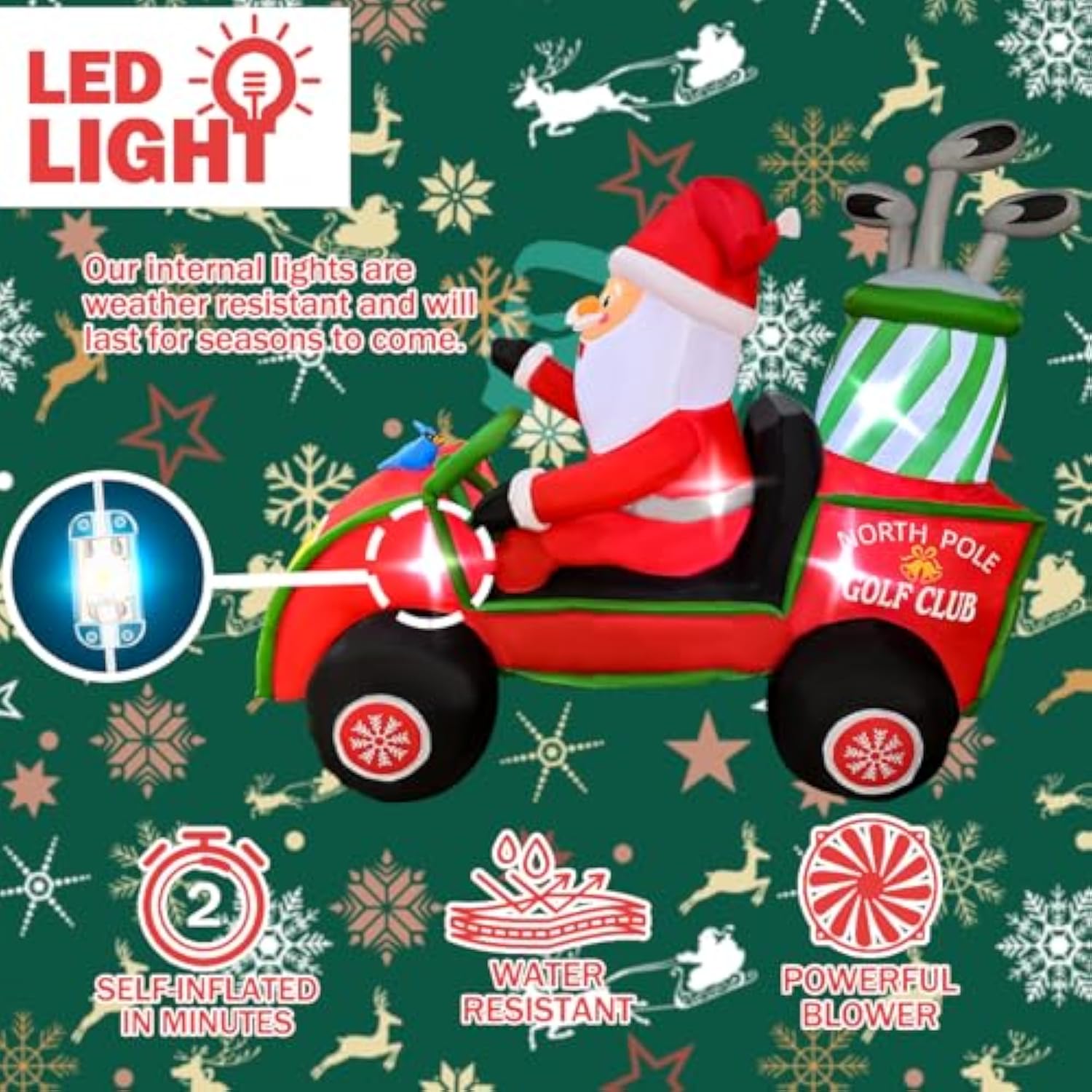 6Ft Length Inflatable Christmas Golf Cart With Santa Claus Decoration, Led Blow Up Lighted Decor Indoor Outdoor Holiday
