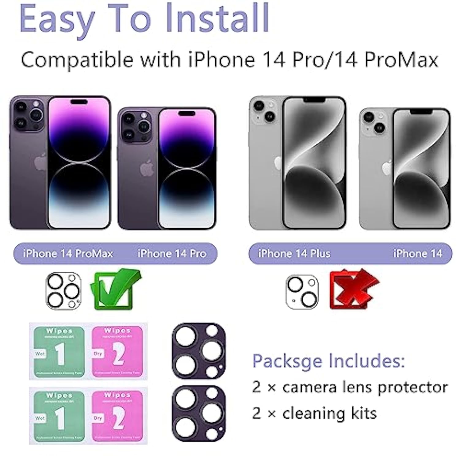 2 Pack Camera Lens Protector For Iphone 14 Pro/14 Pro Max,[Not Easy To Breakn ] Ar Tempered Glass Strong Adsorption Metal Camera Cover Screen-Dark Purple