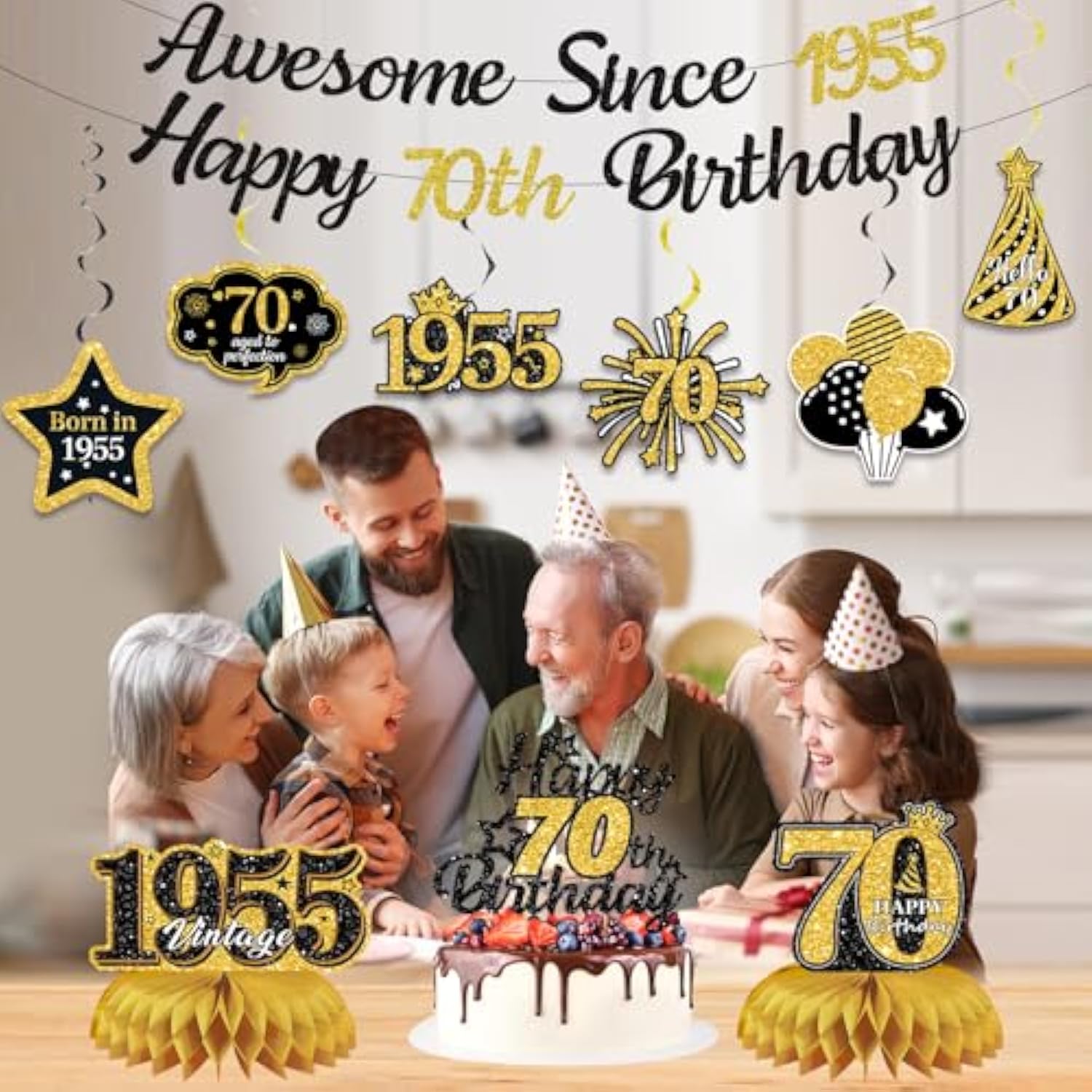 70Th Birthday Decorations For Men Women, Black Gold Awesome Since 1955 Happy 70Th Birthday Banner Swirls Cake Topper Party Supplies, Seventy Years Bday Honeycomb Centerpiece Sign Decor