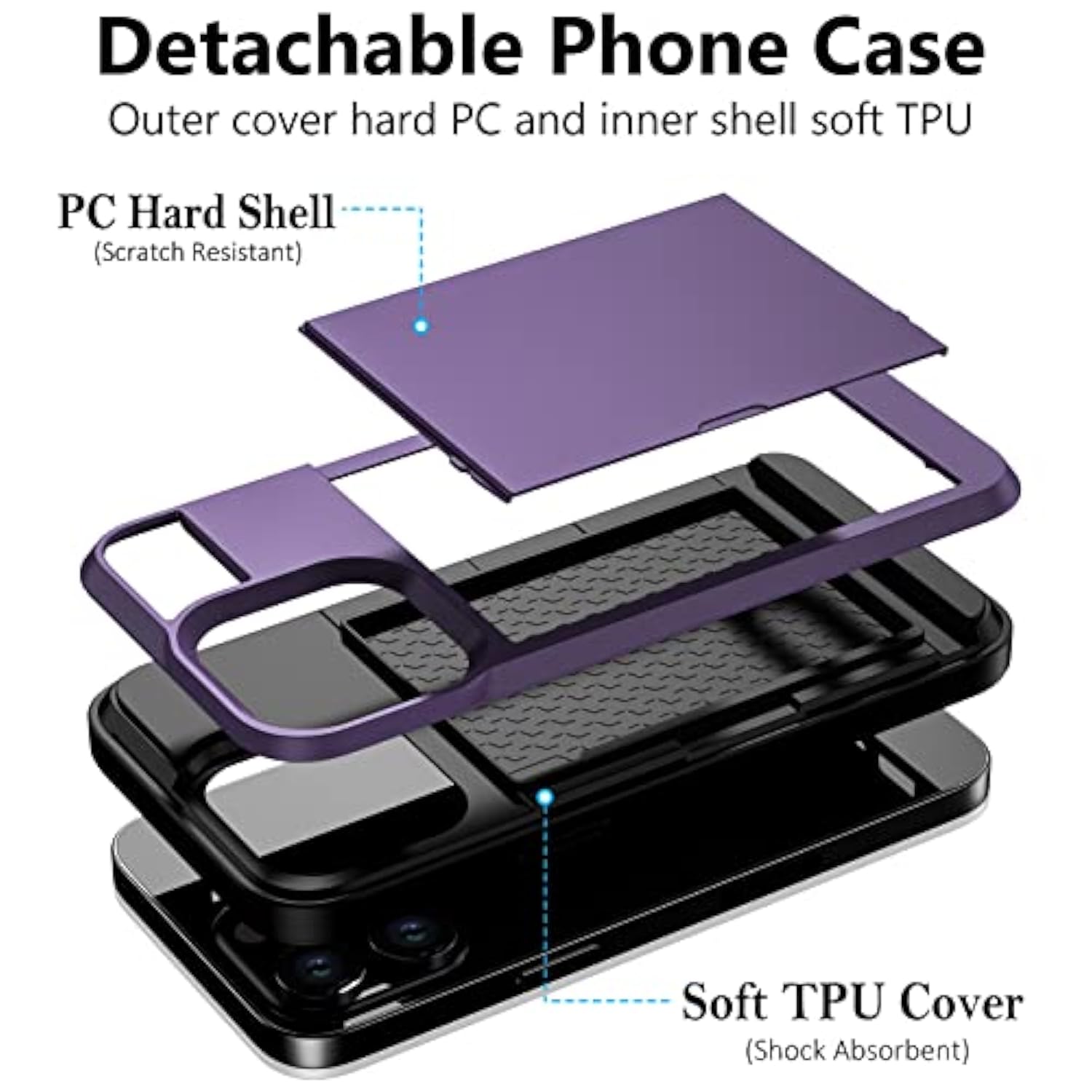 For Iphone 13 Pro Case Wallet Credit Card Holder Id Slot Sliding Door Hidden Pocket Men Women Anti-Scratch Dual Layer Hybrid Bumper Armor Protective Shell Back Cover 6.1 Inch Greypurple