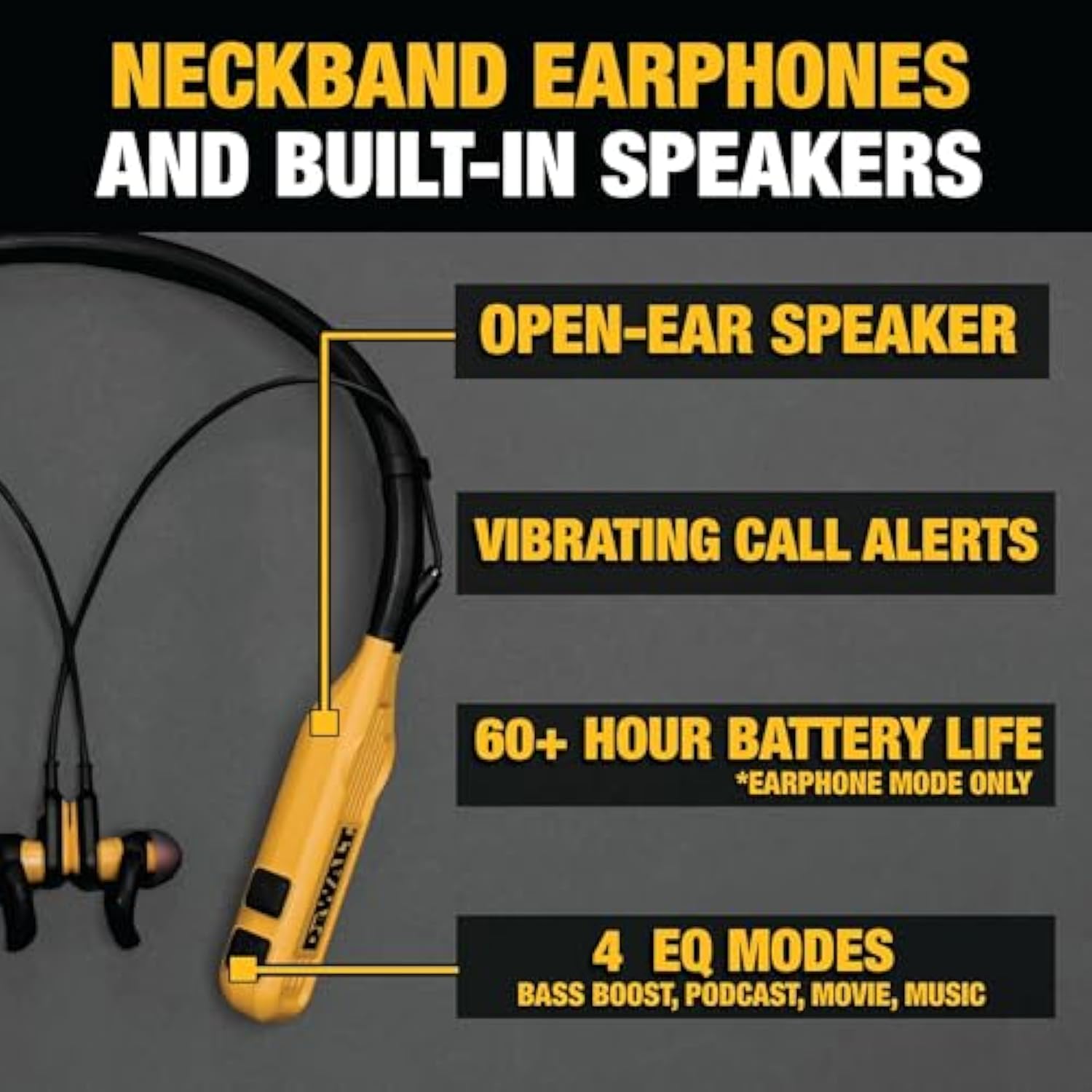 DEWALT Heavy Duty 2-in-1 Neckband Bluetooth Headphones w/Built-in Speakers, Jobsite Wearable Speaker & Around Neck Headphones, Wireless Bluetooth Headset, 60+ Hrs Hands-Free Music/Calls, Carry Pouch