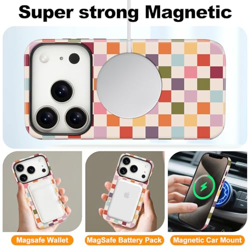 Magnetic for iPhone 17 Pro Case Cute Checkered Phone Case, Shockproof Slim TPU and Hard PC Protective Phone Cover Compatible with MagSafe Designed