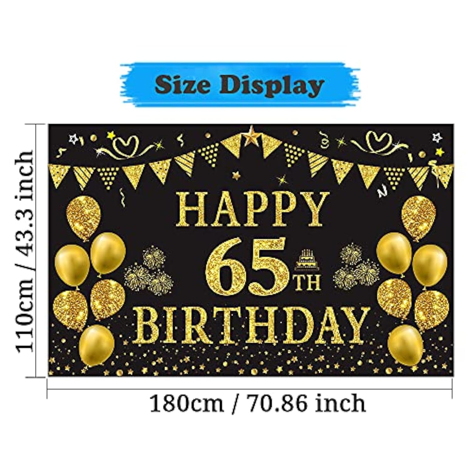 Gold & Black 65th Birthday Backdrop Banner for Party Photos