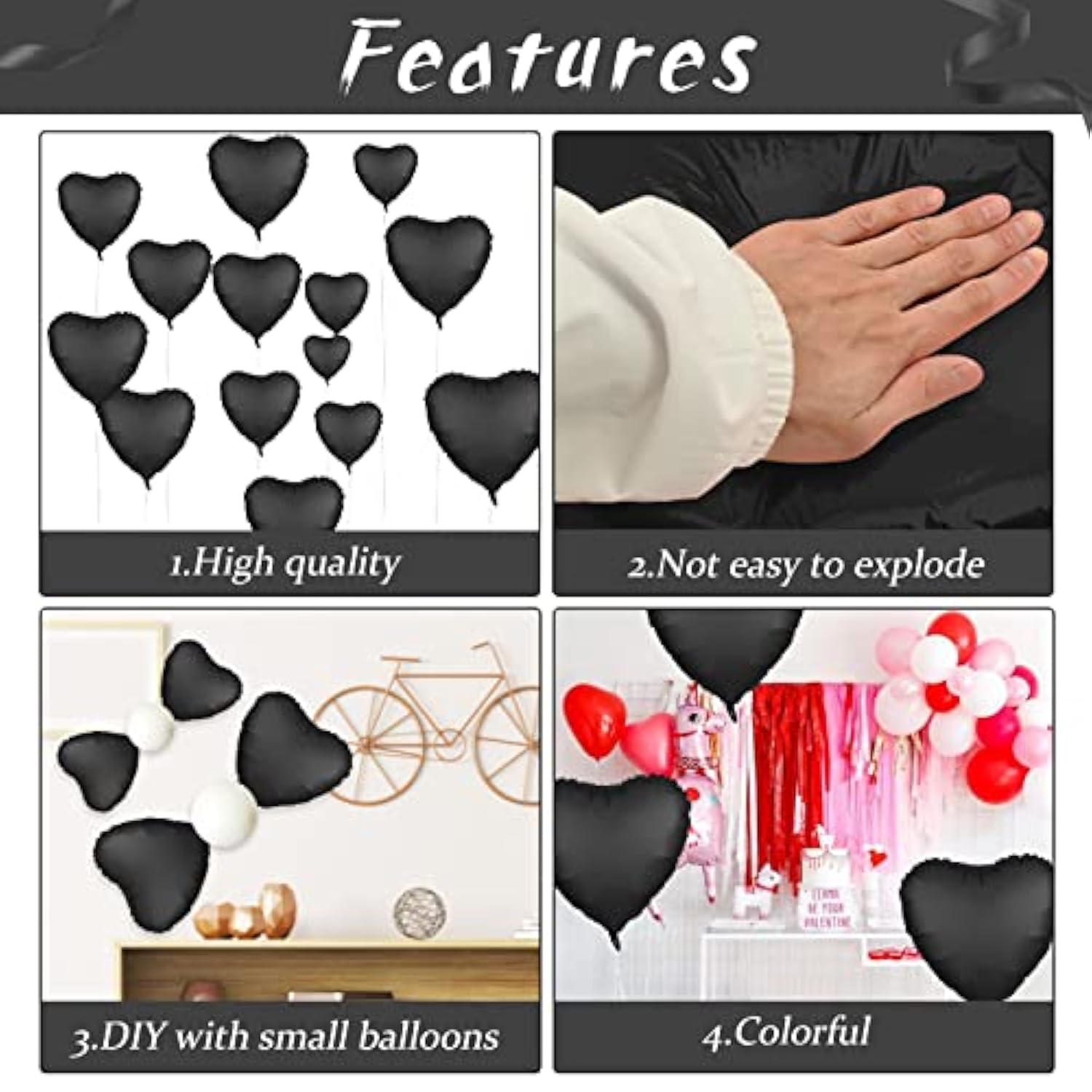 10Pcs Black Heart Foil Balloons - 18" Metallic for Halloween, Valentine’s, Wedding & Birthday