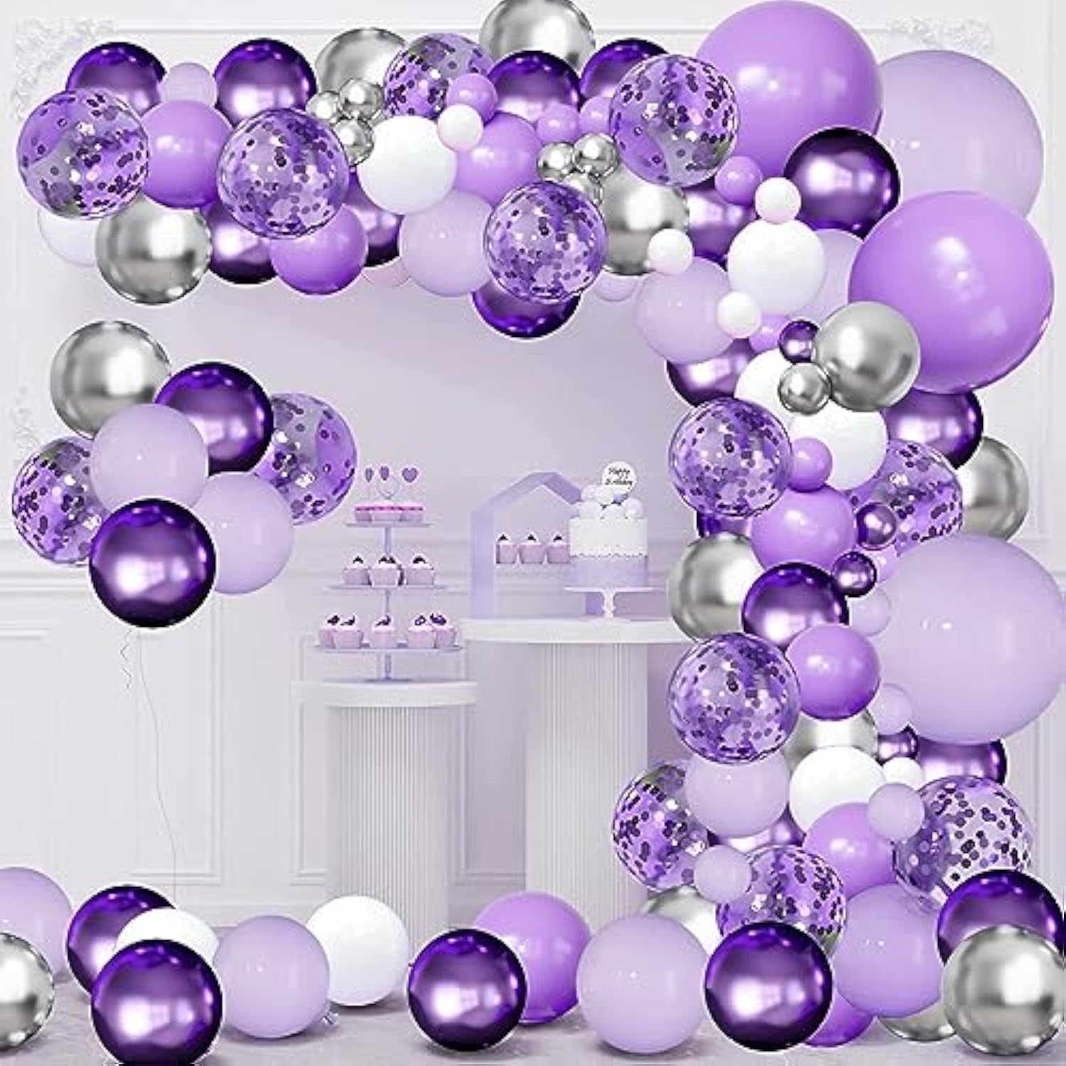 Purple Balloons Garland Arch Kit,144Pcs Lavender Purple Pastel Purple Confetti Balloons With Silver White Ballons For Girl Butterfly Baby Shower Princess Birthday Wedding Party Decoration………