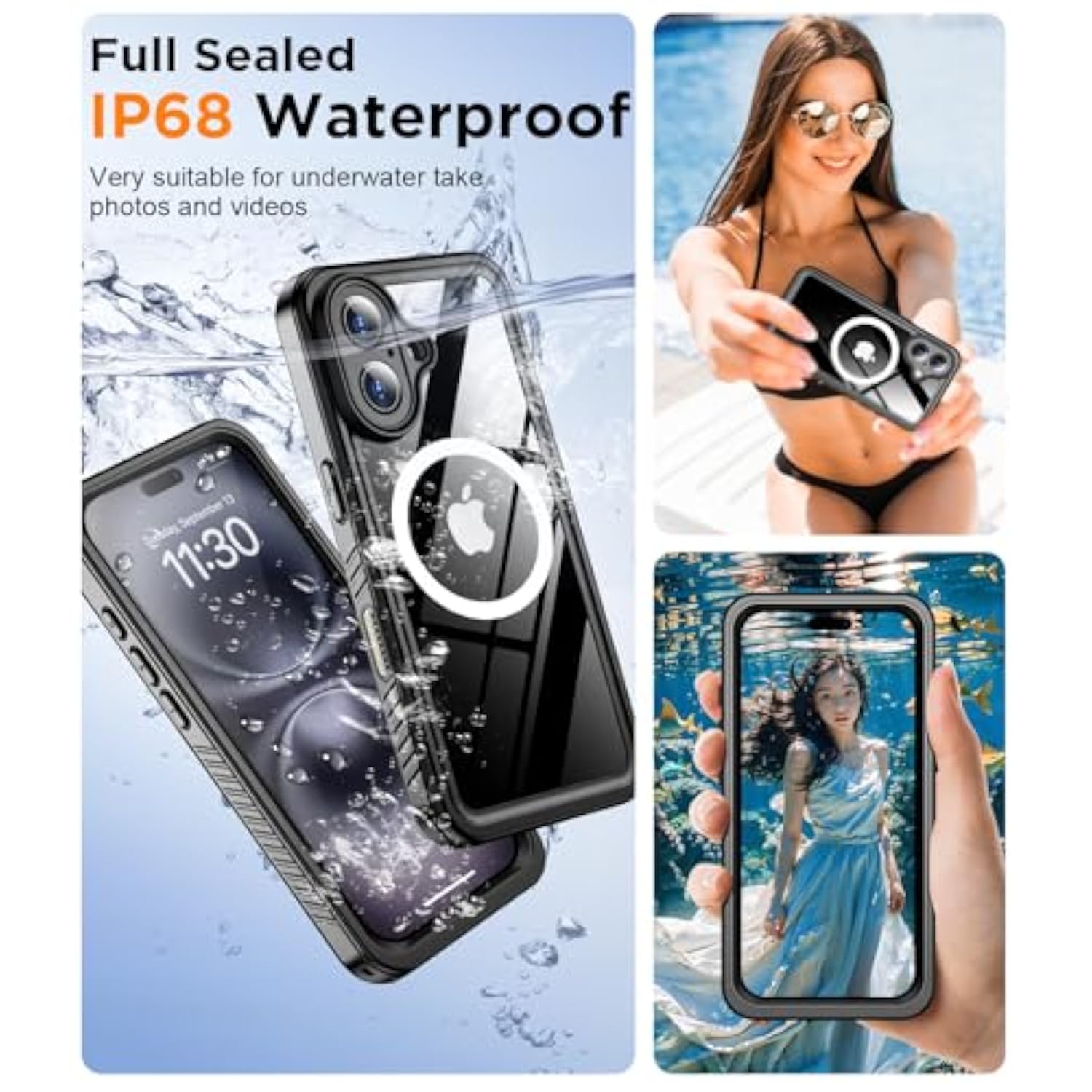 iPhone 16 Case, MagSafe, Waterproof, IP68, 12FT Drop Proof, Shockproof, Black 6.1"