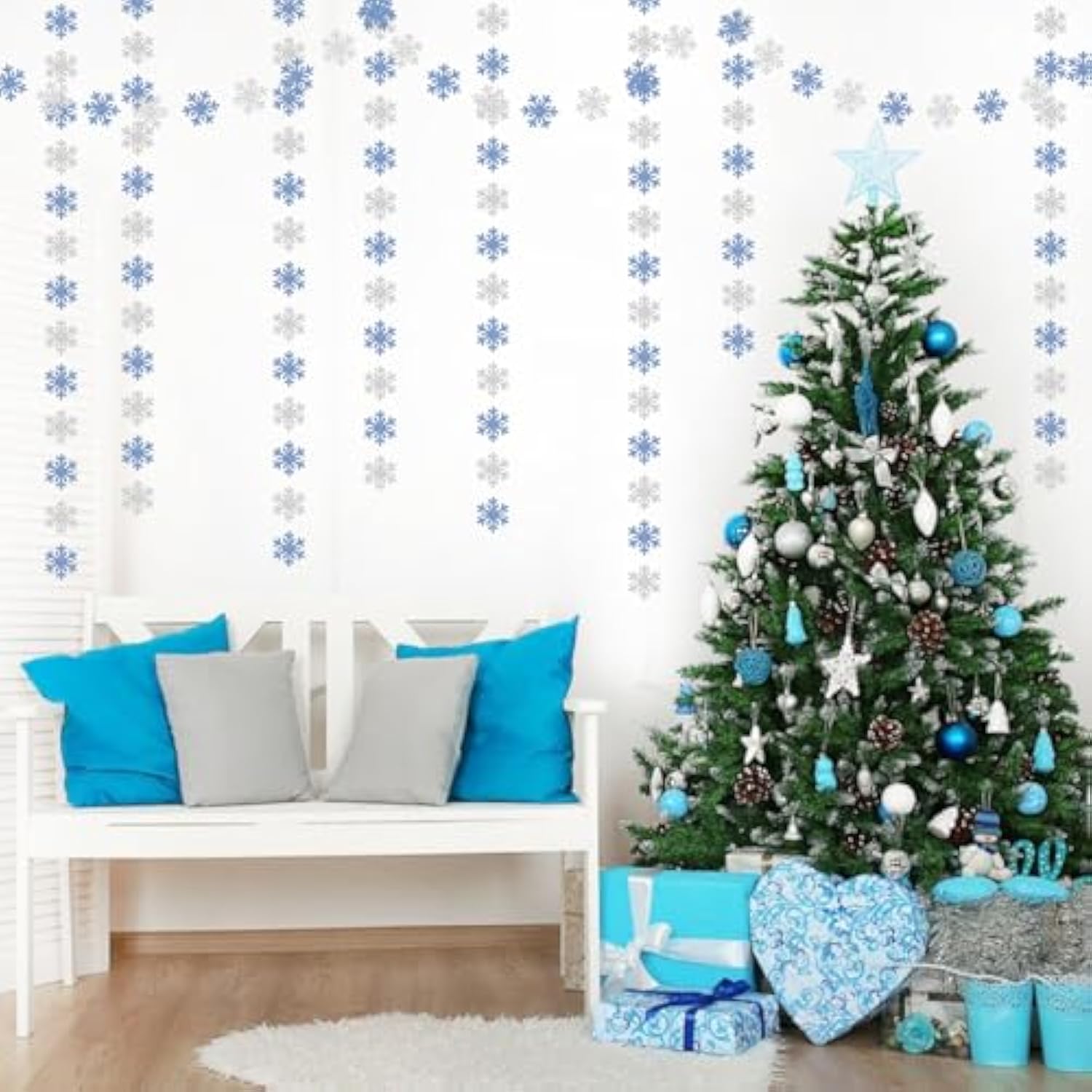 Snowflake-Snow Blue-Silver Christmas Party-Decoration Garland - 52Ft Winter Wonderland Frozen Ornaments Hanging Paper Streamers,New Years Birthday Baby Shower Ceiling Decor