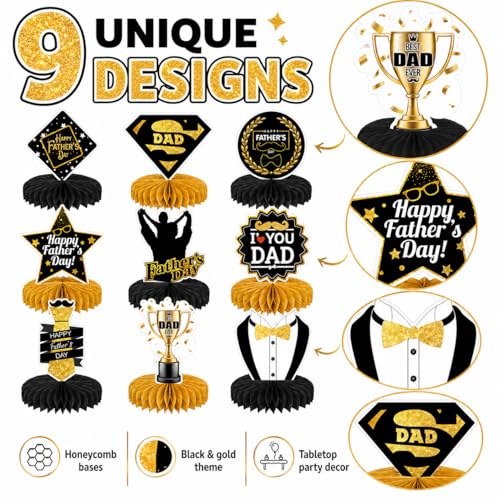Father's Day Honeycomb Centerpieces, Black Gold Dad Table Decorations, Happy Fathers Day Table Centerpieces for Dad Party Table Decor