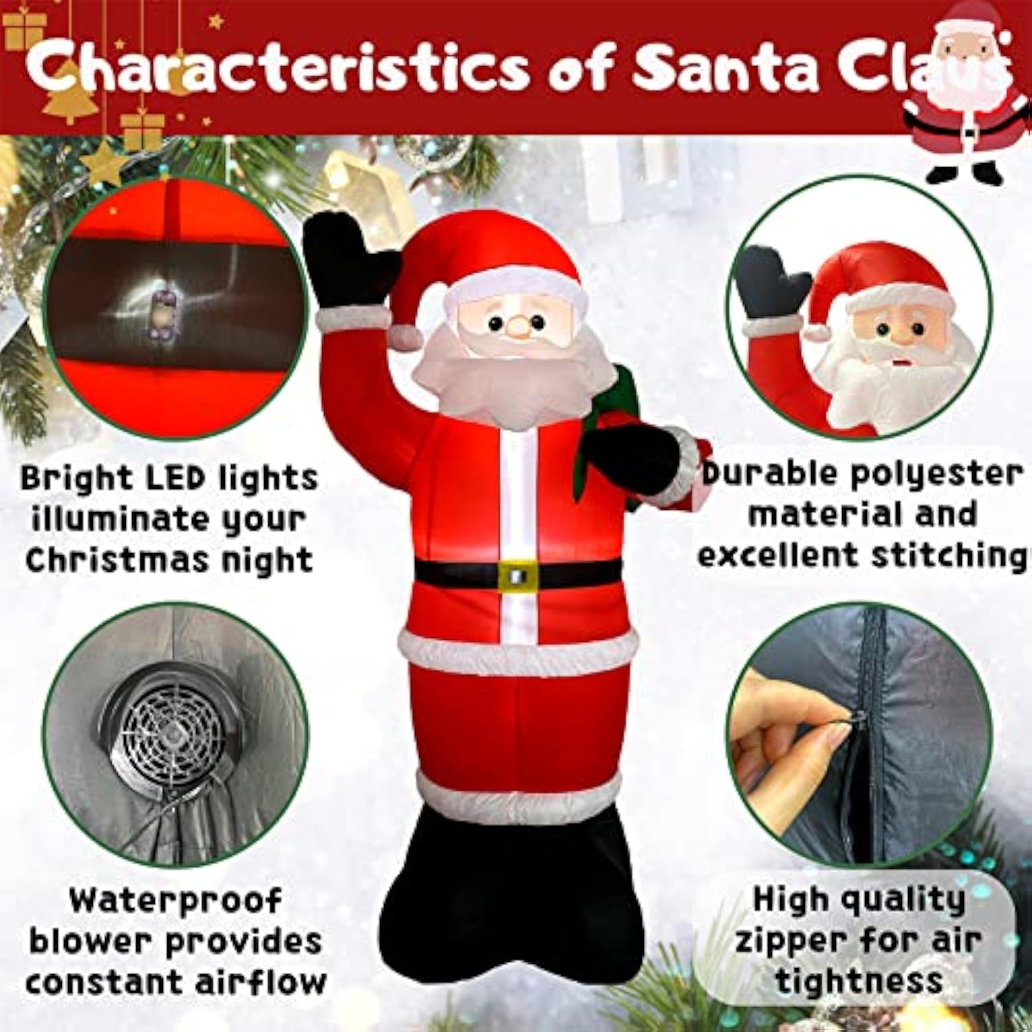 Inflatable Christmas Yard Decorations 8Ft Santa Claus With Gift Bag Blow Up Outdoor Decoration With Built-In Led Light F