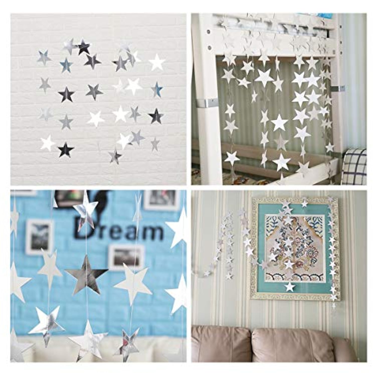 Silver Star Garland Banner Decorations - 156 Feet Bright Silver Paper Garland Hanging Decorations, Glitter Star Bunting Banner For Wedding, Birthday, Holiday, Christmas Party