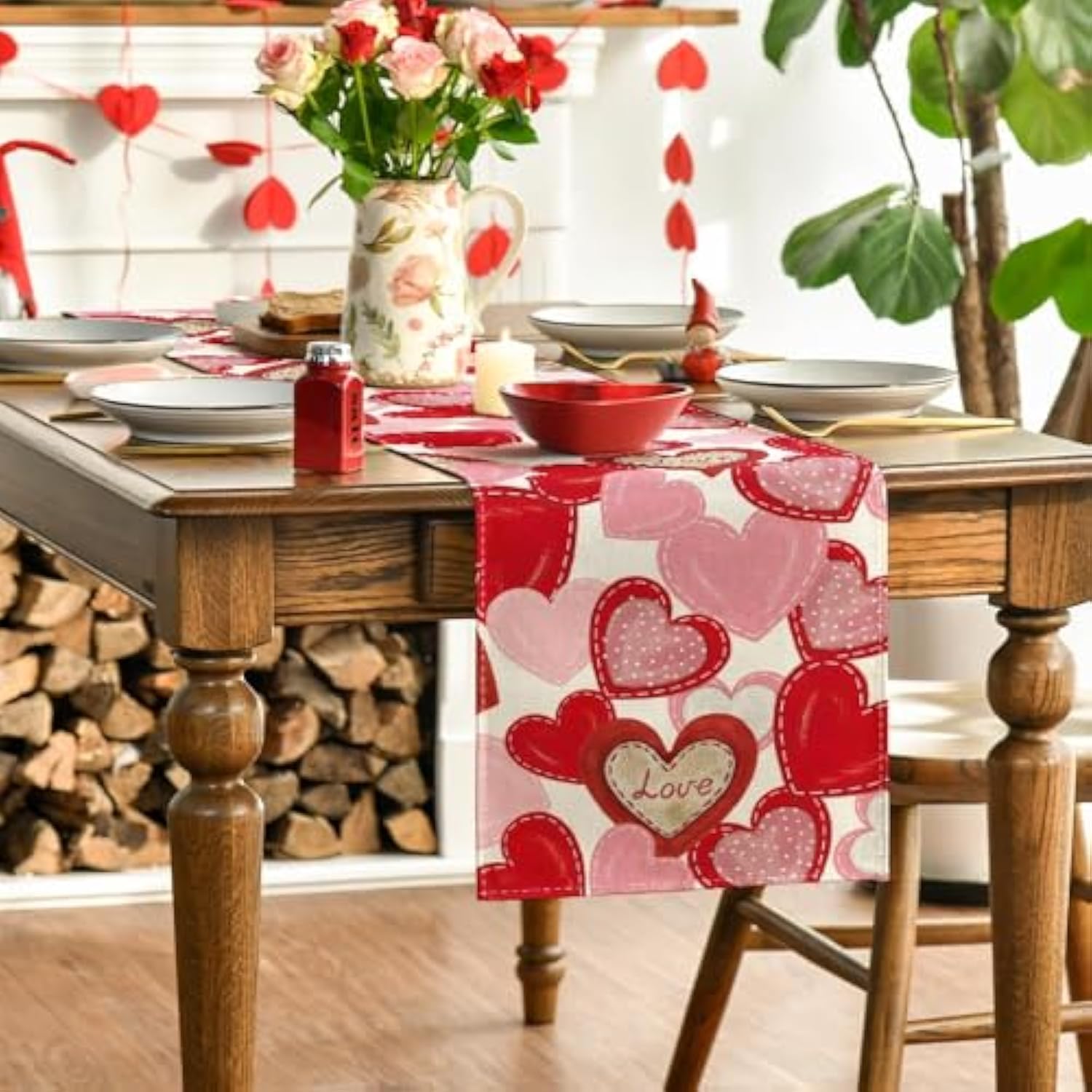 White Pink Love Heart Valentine'S Day Table Runner, Holiday Anniversary Kitchen Dining Table Decoration For Home Party Decor 13X72 Inch