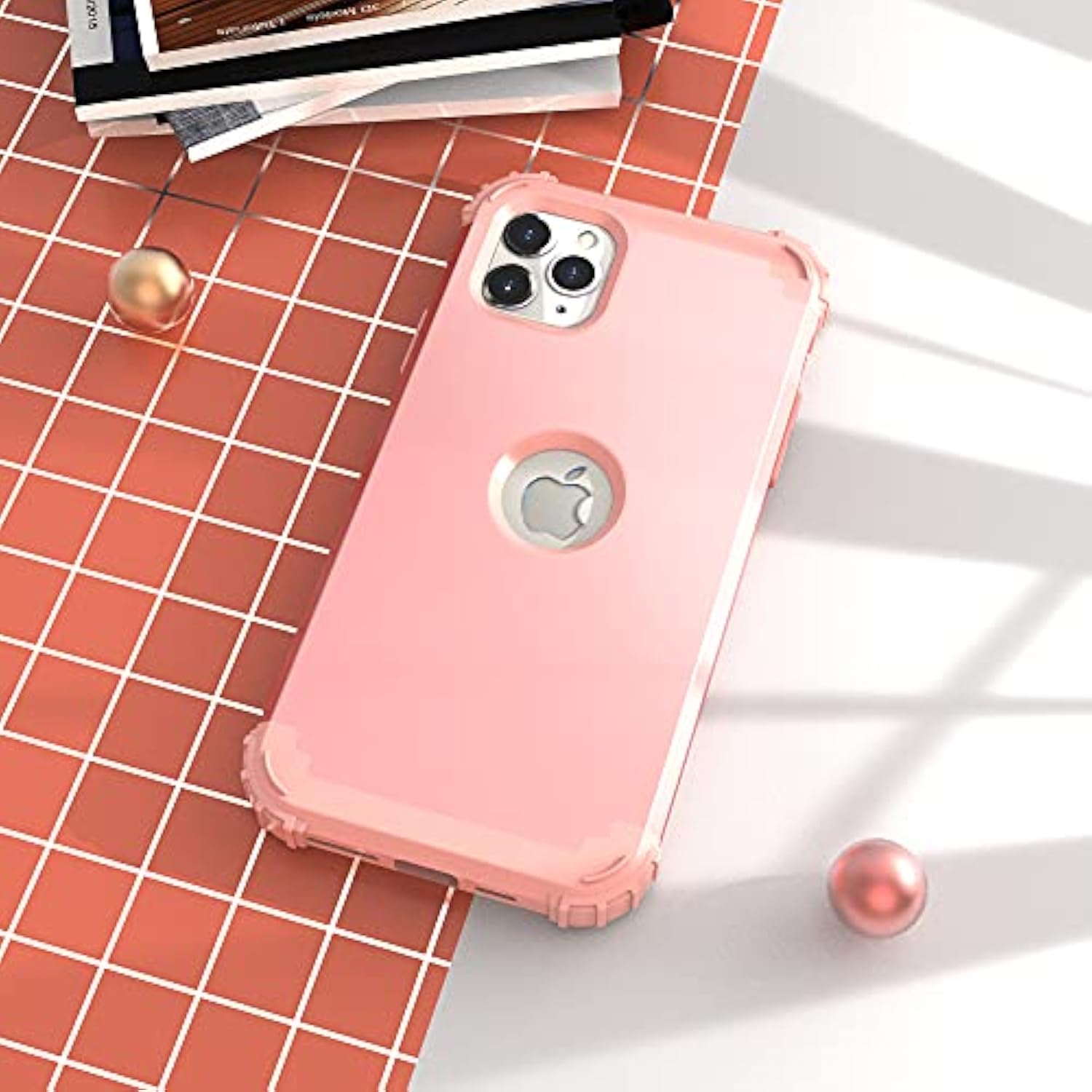 For 11 Pro Max Case With Tempered Glass Screen Protector,Hybrid 3 In 1 Shockproof Slim Fit Heavy Duty Protection Hard Pc Cover Soft Silicone Bumper Full Body Case, Rose Gold