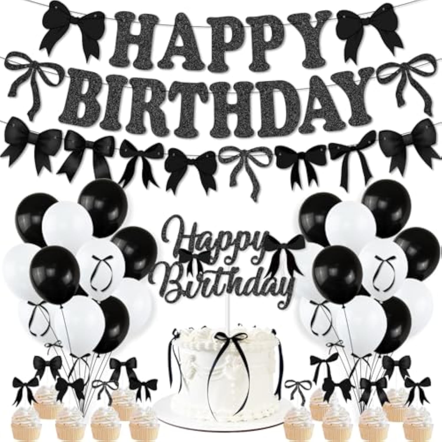 Black Bow Birthday Party Decorations, Girl Bow Birthday Decortions, Black White Balloons, Bows Banner Garland, Bows Cake & Cupcake Toppers And Satin Ribbon For Bow Party Decor
