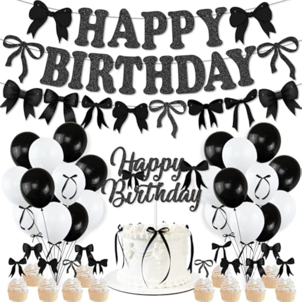 Black Bow Birthday Party Decorations, Girl Bow Birthday Decortions, Black White Balloons, Bows Banner Garland, Bows Cake & Cupcake Toppers And Satin Ribbon For Bow Party Decor