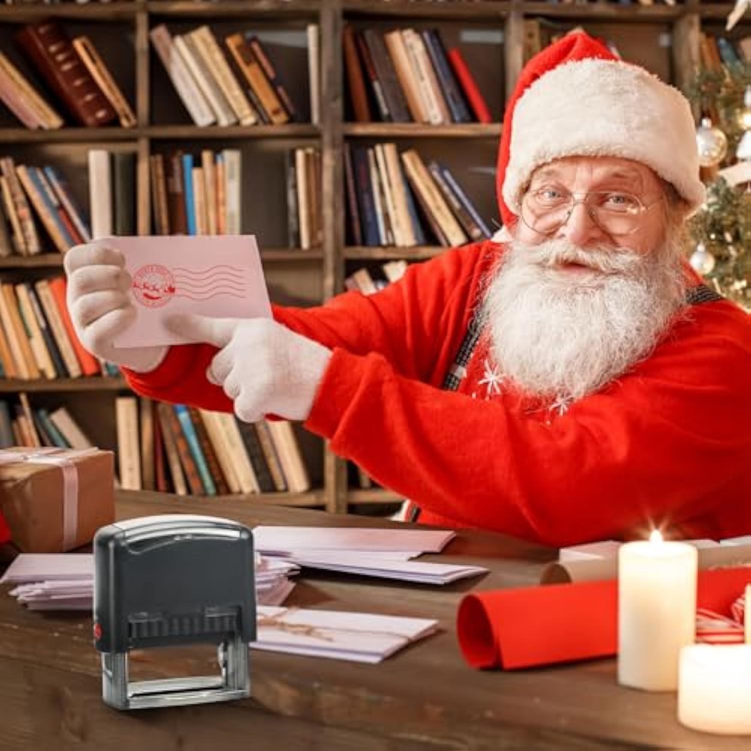 4 Pcs Santa Claus Signature Stamp North Pole Reindeer Self Inking Rubber Stamp With Ink, Christmas Gift Tag For Kids Adults Office School Home Party(Red)