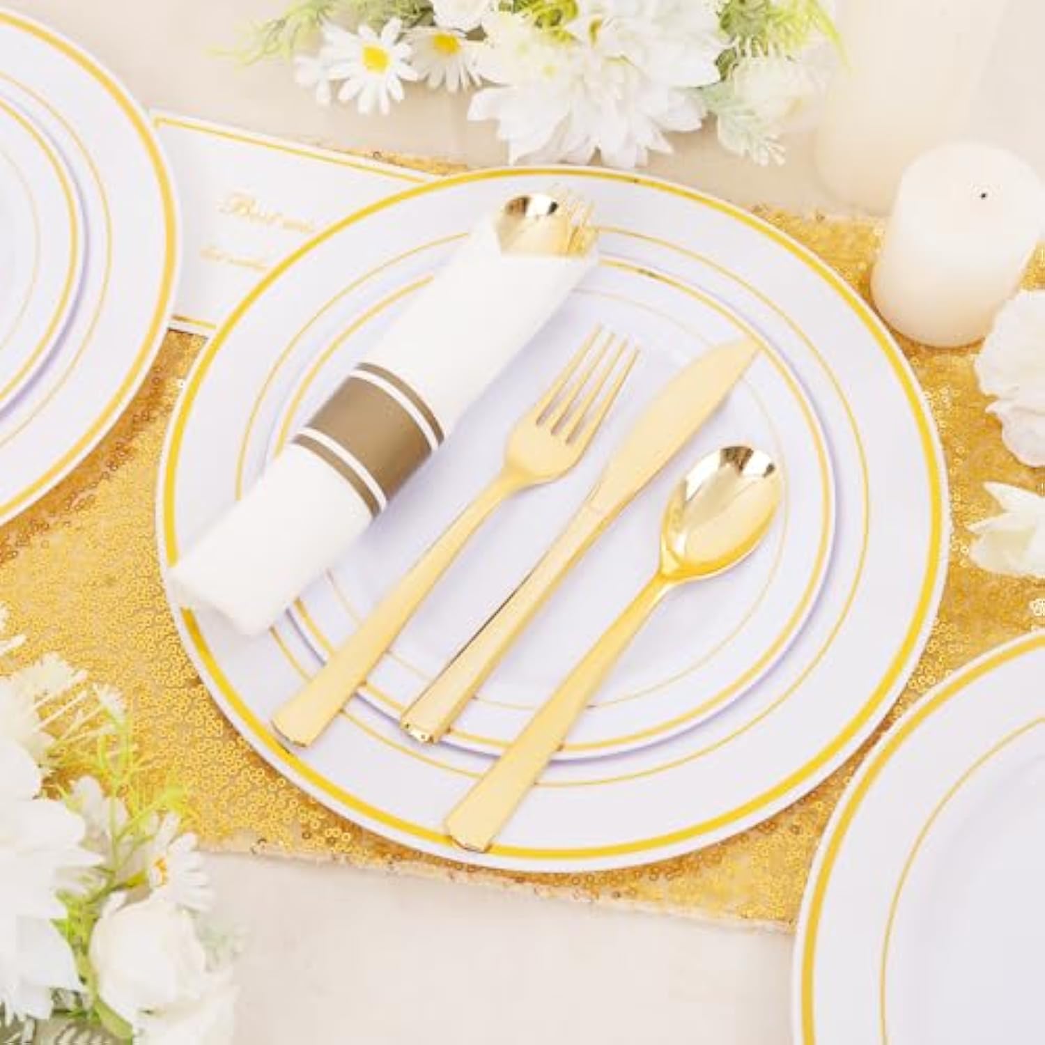 350Pcs Gold Plastic Dinnerware Set For 50 Guests, Fancy Disposable Plates For Party, Include: 50 Dinner Plates, 50 Dessert Plates, 50 Pre Rolled Napkins With Gold Silverware, 50 Cups