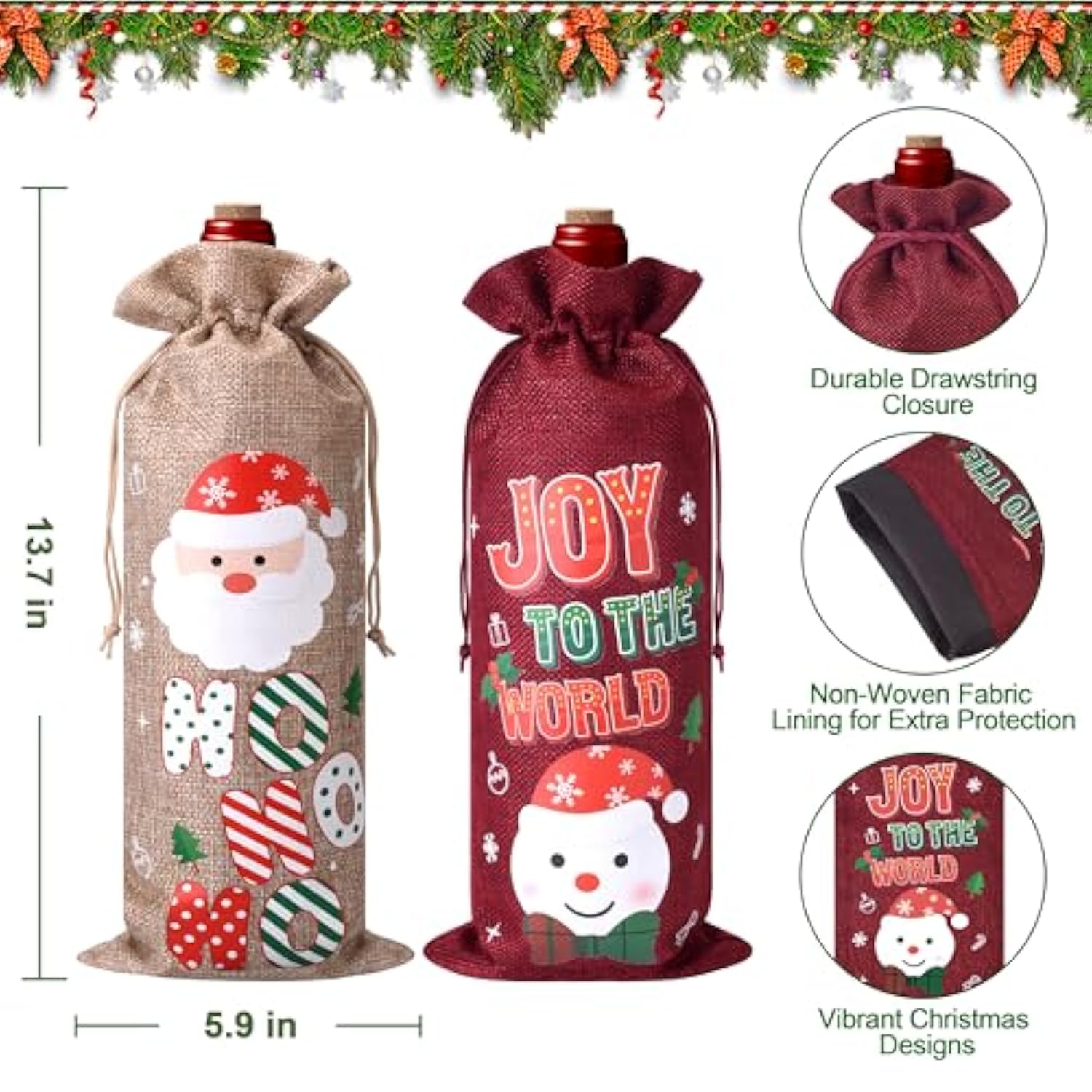 12 Pcs Christmas Wine Bottle Gift Bags With Drawstring, Burlap Wine Gift Bags With 12 Assorted Holiday Designs For Xmas Party Decorations