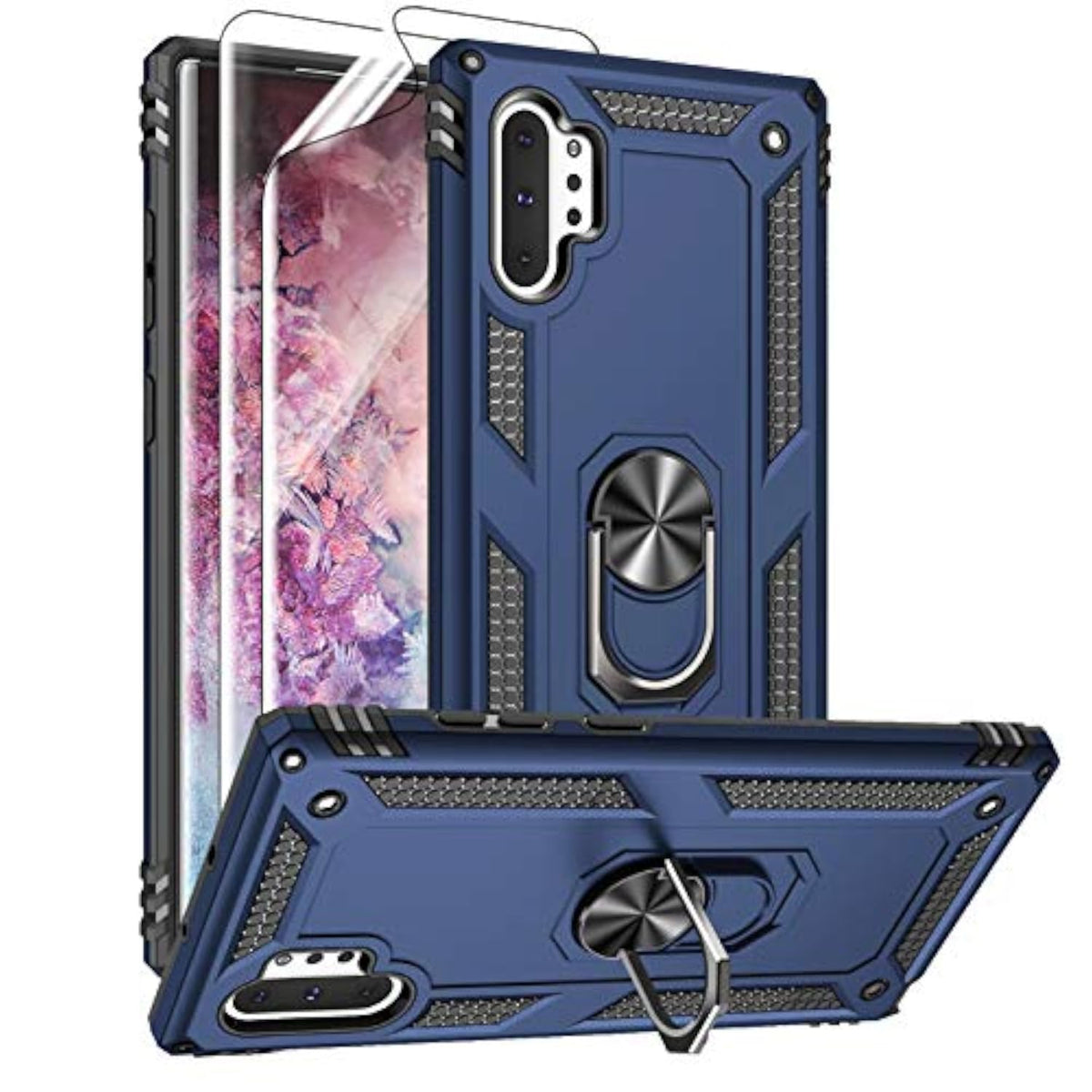 Samsung Galaxy Note 10 Plus Case with HD Screen Protectors, Military-Grade Metal Ring Holder Stand Drop Tested Shockproof Cover Case for Samsung Note 10+/ 5G Blue