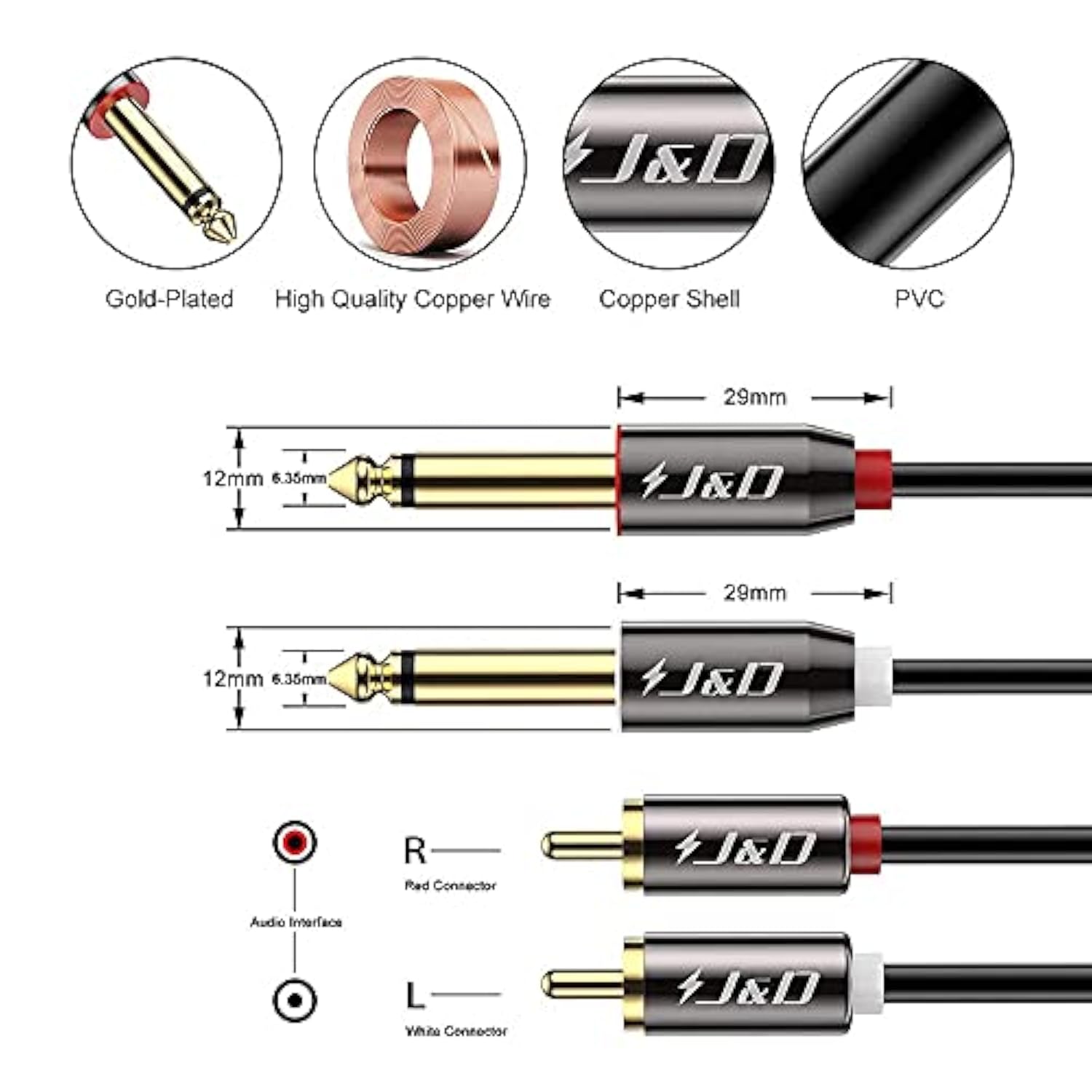 1/4 To Rca Cable, Gold Plated Copper Shell Heavy Duty 2X6.35Mm Ts To Dual Rca Stereo Audio Interconnect Cord For Av Receivers, Speakers, Home Audio Systems, Amplifiers, 3 Feet