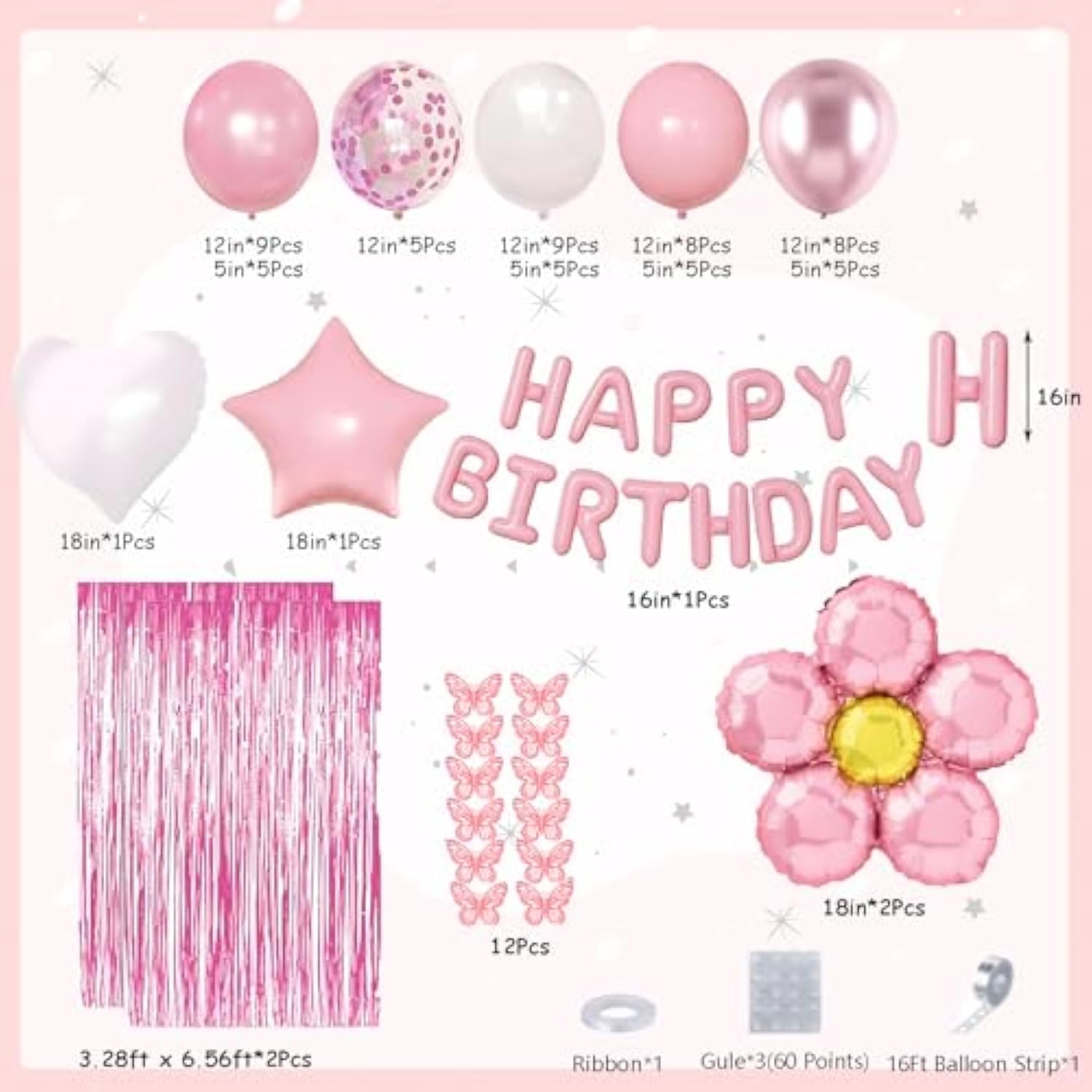 Pink Birthday Party Decorations, Pearl White Pink Metallic Pink Flower Foil Balloons Birthday Banner Butterfly Fringe Curtains Decorations For Women Girls Party Supplies