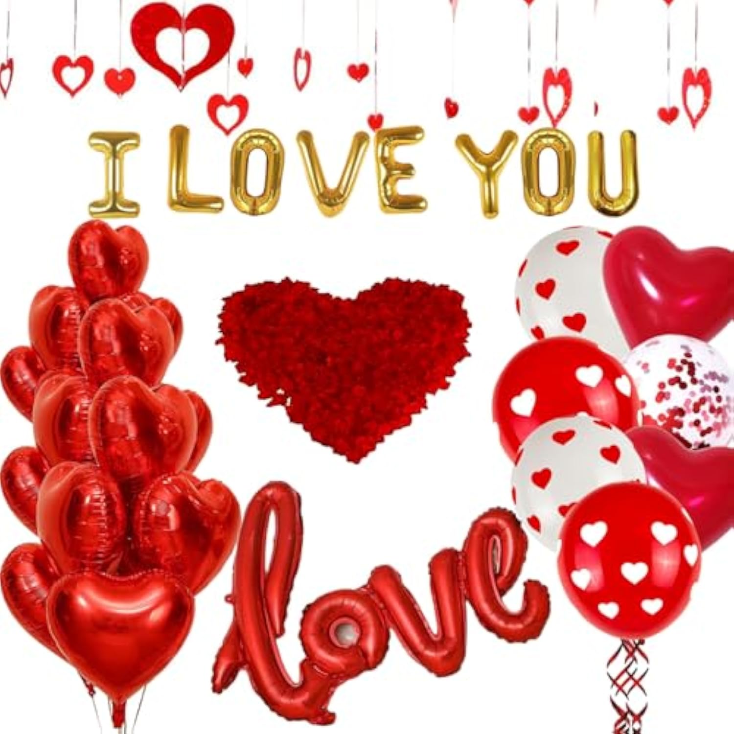 110Pcs Valentine'S Day Balloons With 1000 Pcs Silk Rose Petals I Love You Balloons 50Pcs Heart Hanging And Heart Print Balloon Set For Valentine'S Day, Wedding Party Decorations Supplies