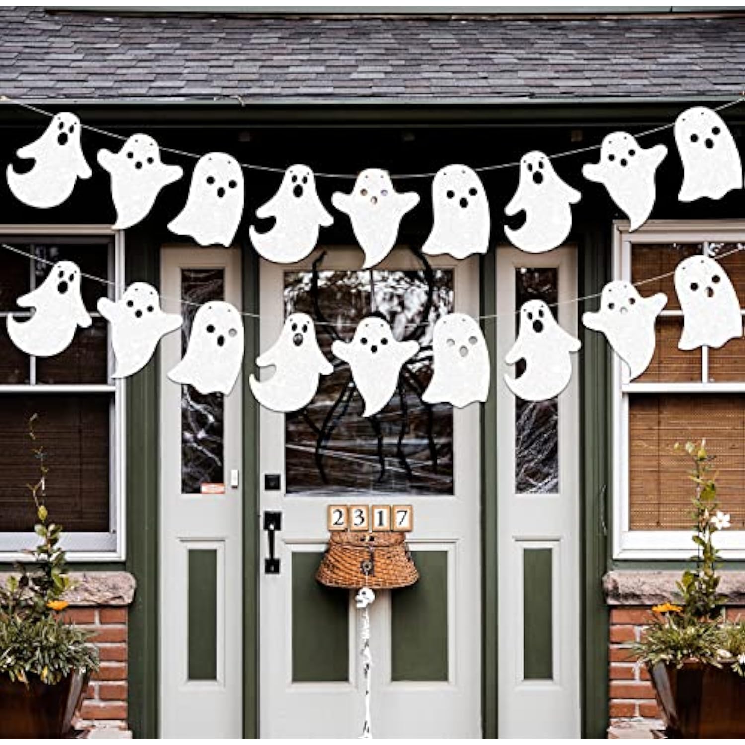 2 Pack Glitter Halloween Hanging Ghost Banner White Garland Haunted House Decor