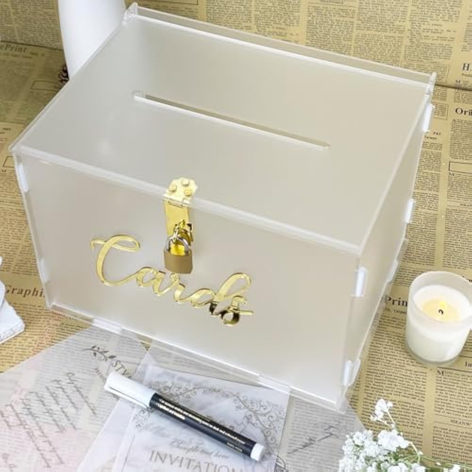 11 Inch Frosted Acrylic Wedding Card Box With Lock For Reception And Bridal Shower