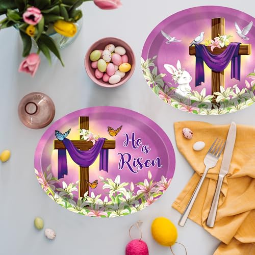 50 PCS Easter He is Risen Paper Plates 11 Inch Disposable Jesus Cross Easter Tableware Easter Party Decorations for Religious Christ Party Spring Lily Floral Supplies