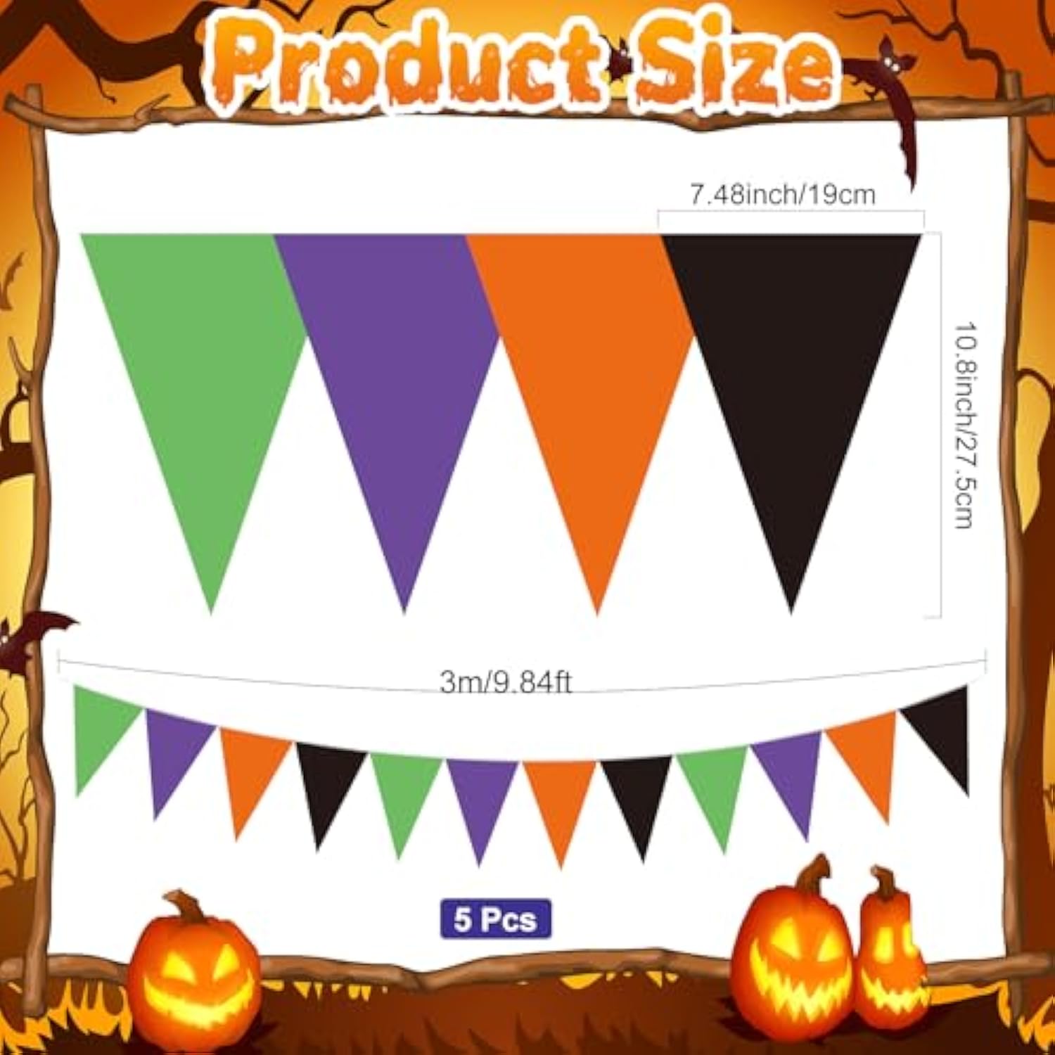 5PCS 49FT Halloween Pennant Banner Black Purple Orange Green Triangle Flags