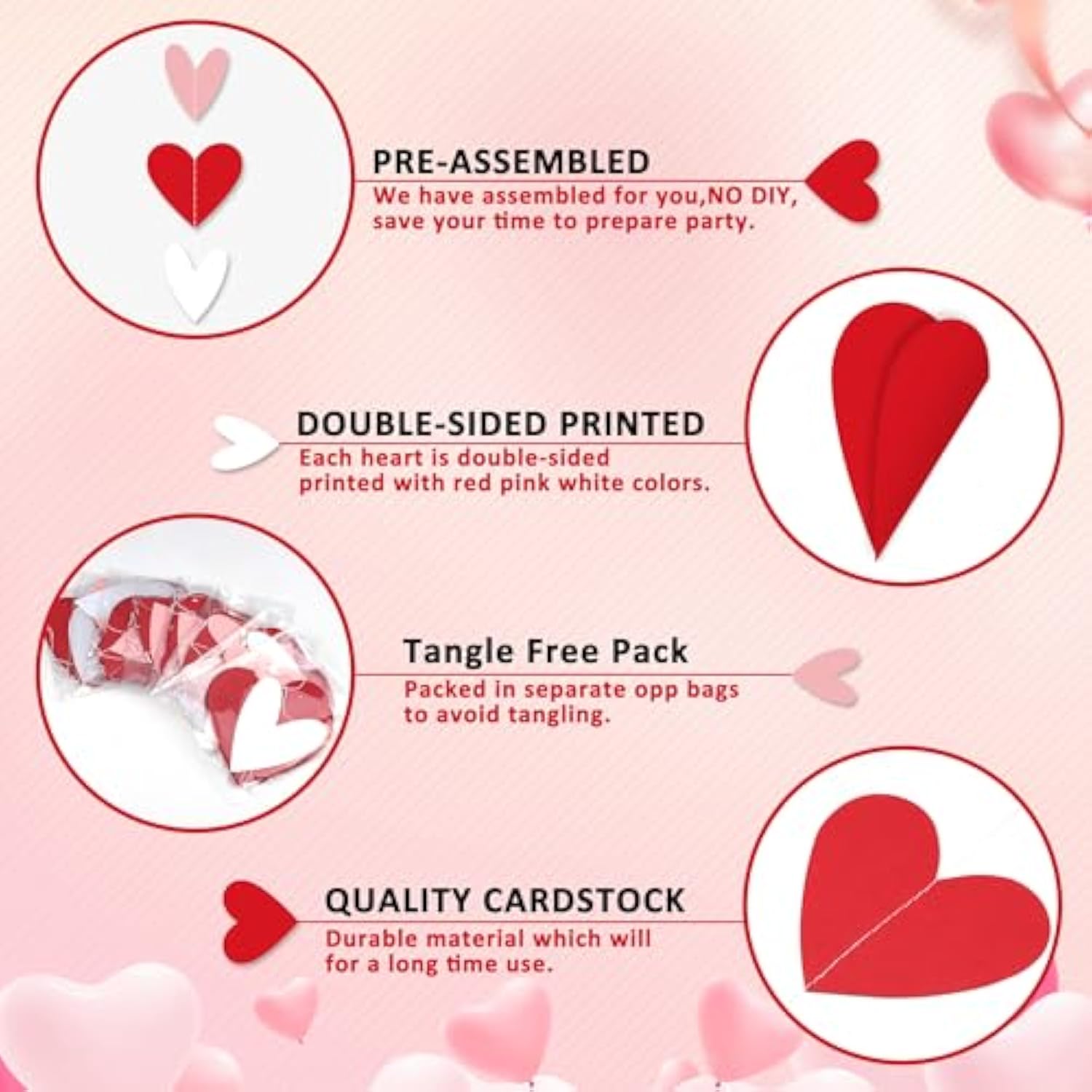 96 Red White Pink Heart Garland - No Diy - Valentine'S Day Party Decorations Supplies, Valentine'S Day Hanging String Garland Banner For Wedding Engagement Anniversary Valentines Day Decor
