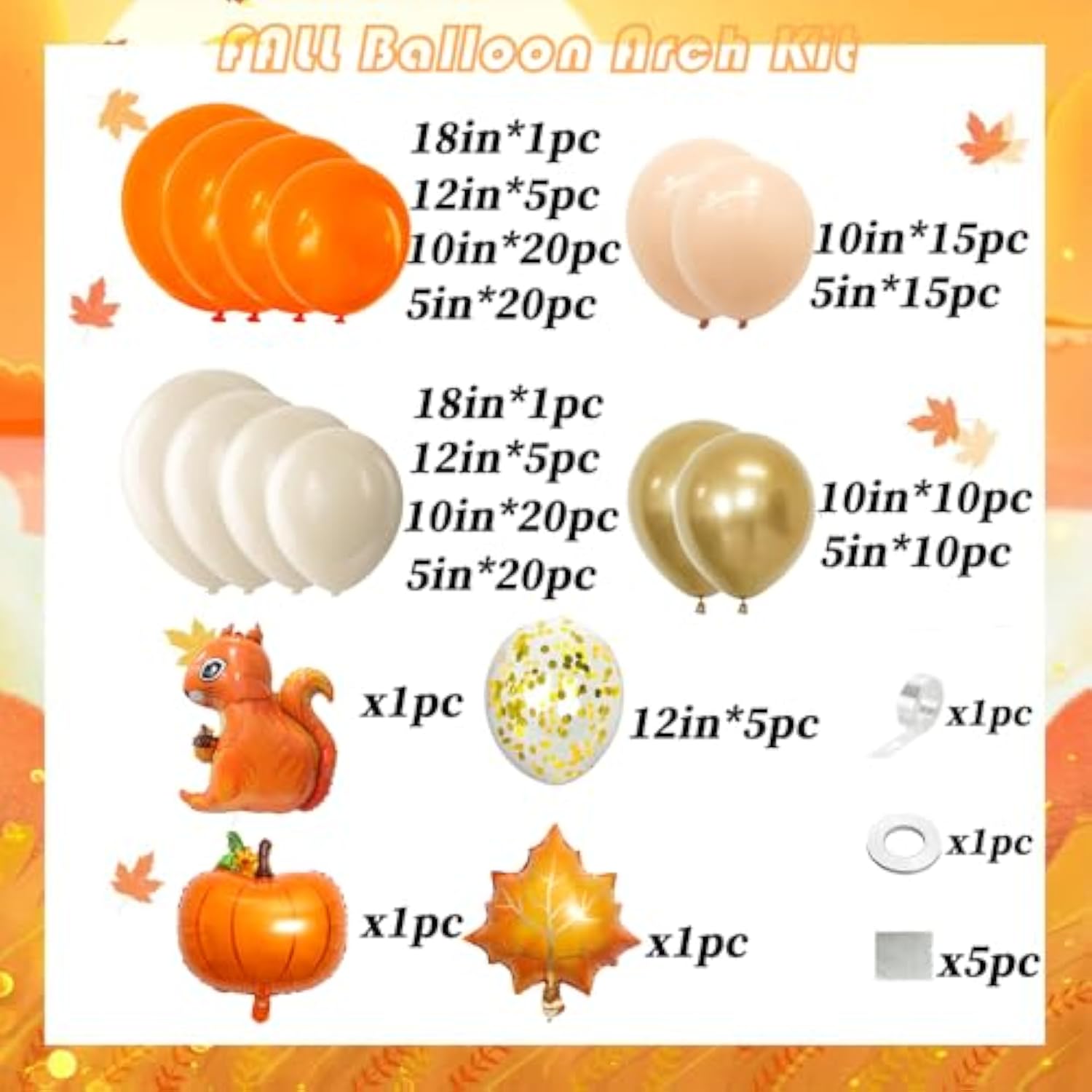 Fall Balloon Arch Kit: Burnt Orange, Gold Confetti, Maple Leaf Decor