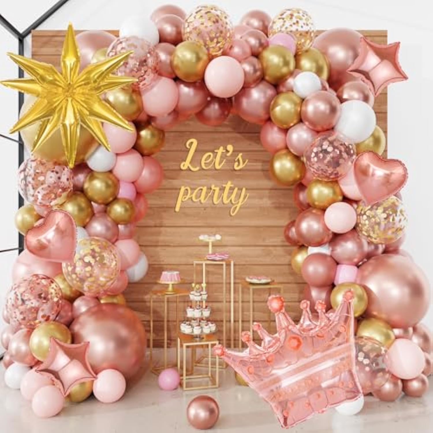 154Pcs Rose Gold Balloons Arch Garland Kit, Bachelorette Pink And Gold Confetti Balloons With Star Heart For Women Girls Birthday Wedding Bridal Baby Shower Mother'S Day Party Decorations
