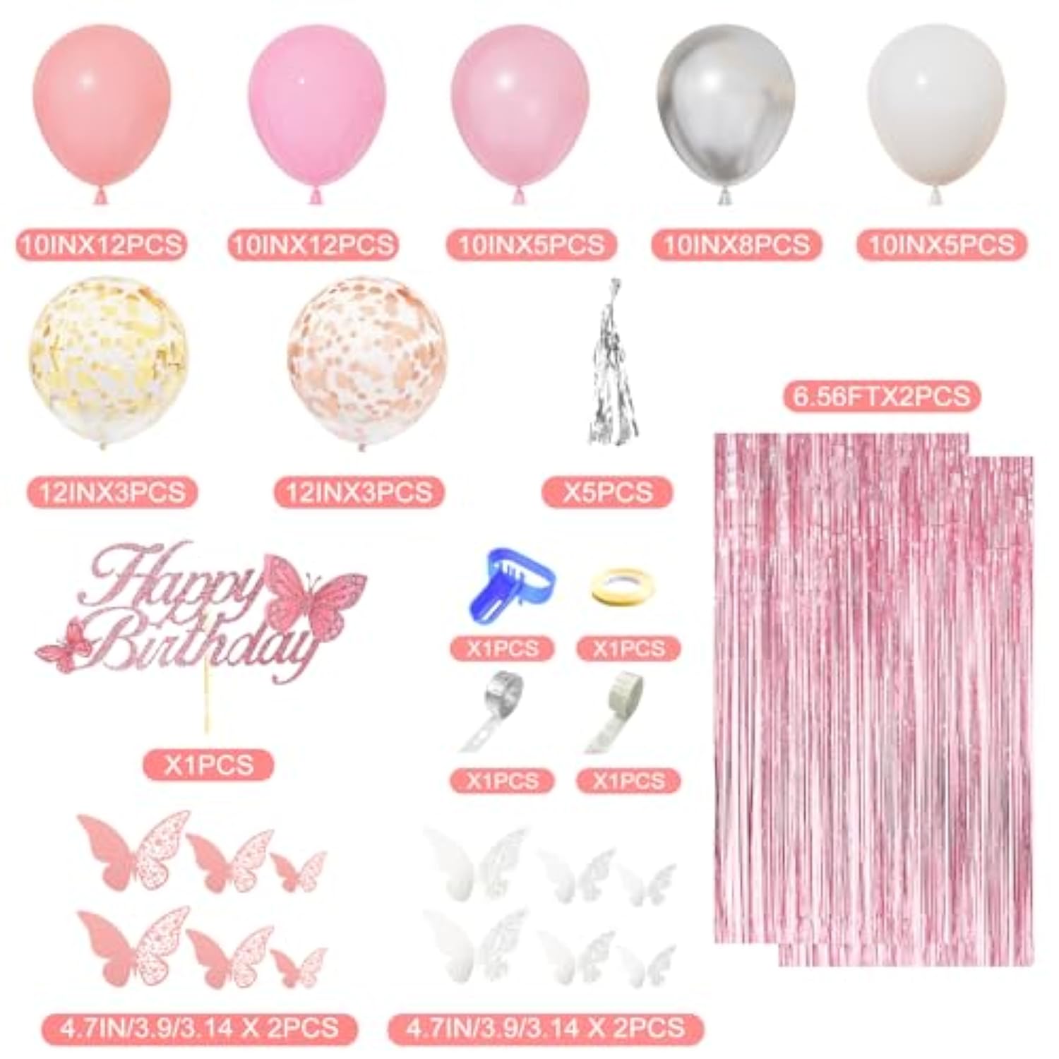 Pink Birthday Decorations For Women Girls, Silver Pink Confetti Foil Balloons Happy Birthday Banner Butterfly Fringe Curtains Cake Topper For Princess Party Supplies Decor