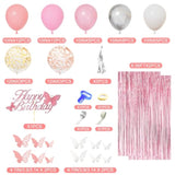 Pink Birthday Decorations For Women Girls, Silver Pink Confetti Foil Balloons Happy Birthday Banner Butterfly Fringe Curtains Cake Topper For Princess Party Supplies Decor