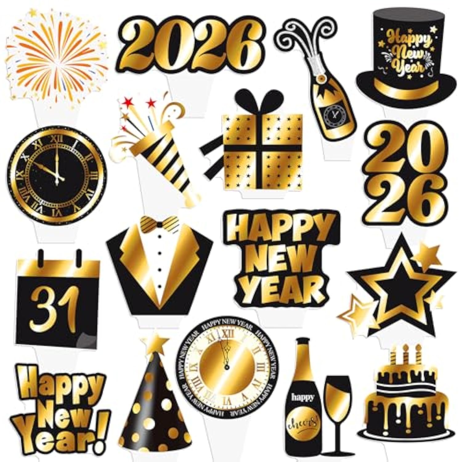48pc Happy New Year 2026 Cupcake Toppers Black Gold Party Cake Decorations